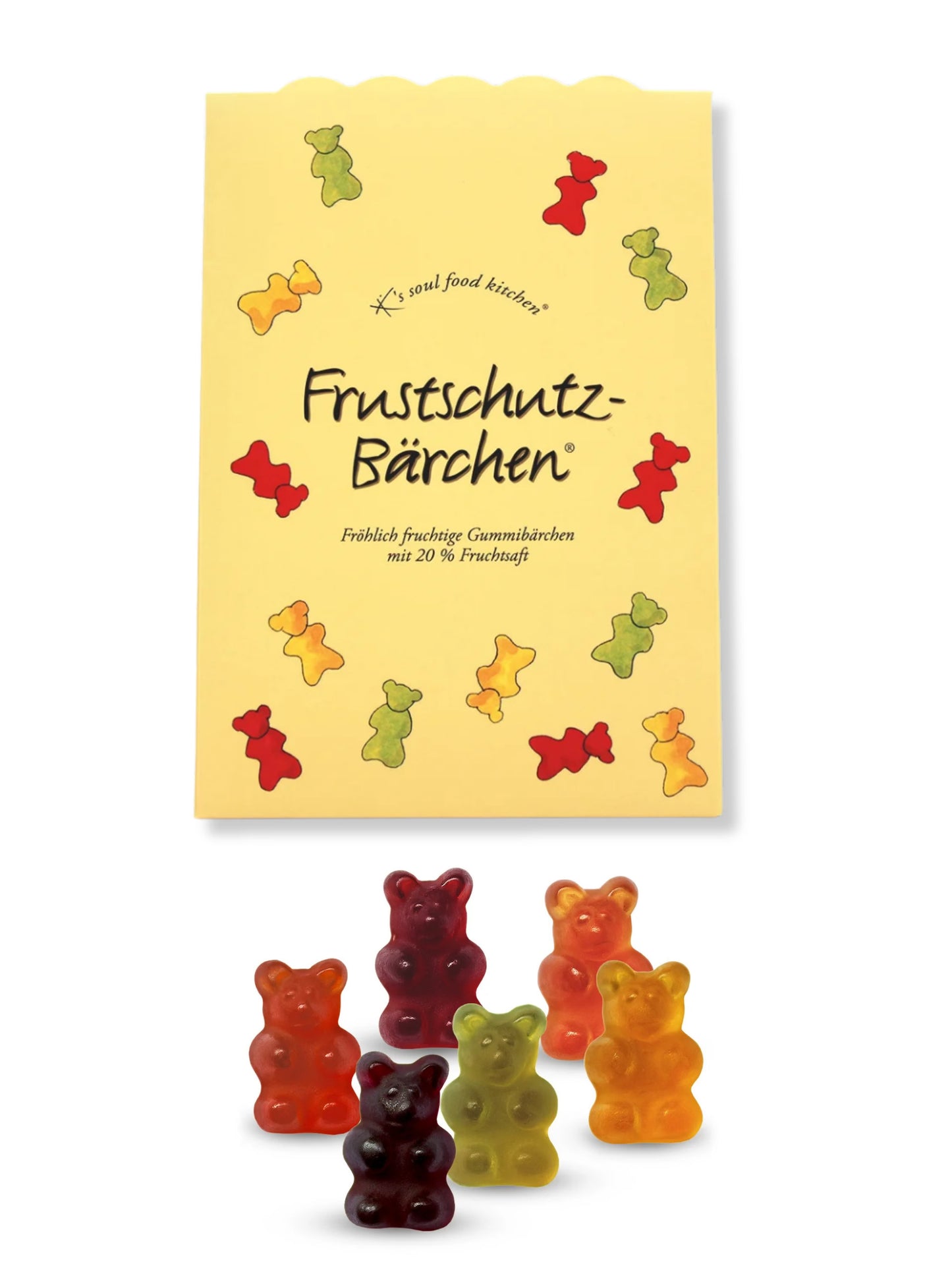 Frustschutz-Bärchen von K’s Soul Food Kitchen – fruchtige Gummibärchen mit 20 % Fruchtsaft und Vitamin C, 150 g, erhältlich bei der Confiserie Dreyer in Hameln.