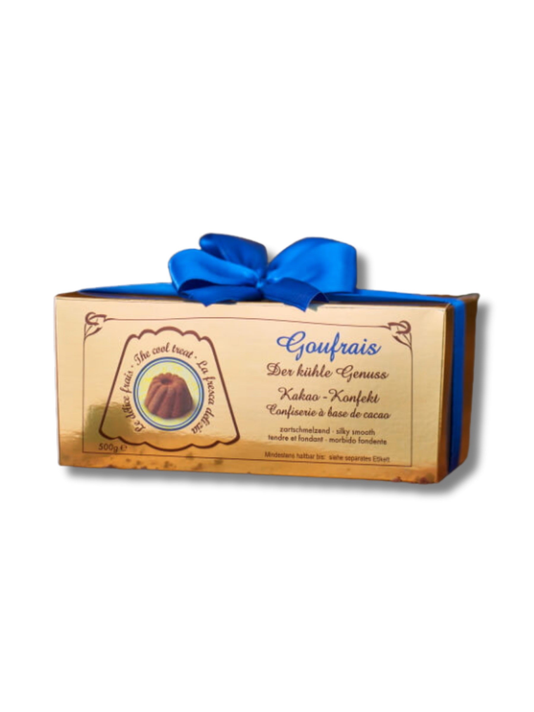 Goufrais Gugelhupf Schatzkiste. Goldene Geschenkbox mit 67 Goufrais-Gugelhupf-Konfekten – edle Schatzkiste mit blauer Schleife, 500 g Inhalt. Erhältlich in der Dreyer Confiserie Hameln.