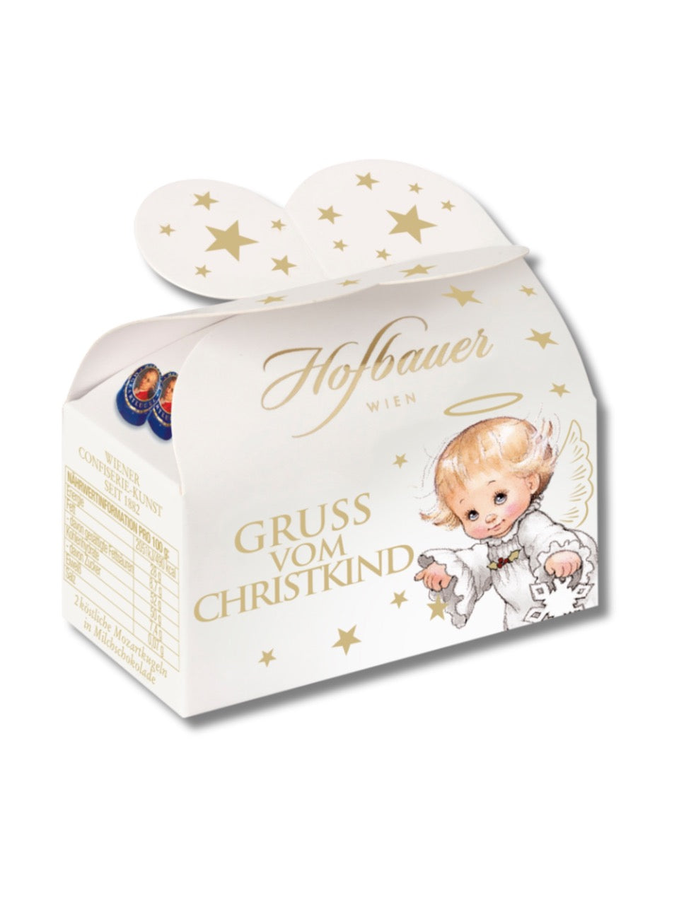 Hofbauer Gruß vom Christkind 40g – feine Pralinen aus Marzipan, Pistazienmarzipan und Nougat in Milchschokolade, erhältlich online und in der Dreyer Confiserie Hameln.
