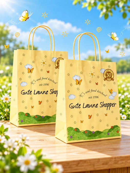 Gelbes Gute Laune Shopper Geschenktäschchen aus Papier von K's Soul Food Kitchen mit Schmetterlingsmotiv