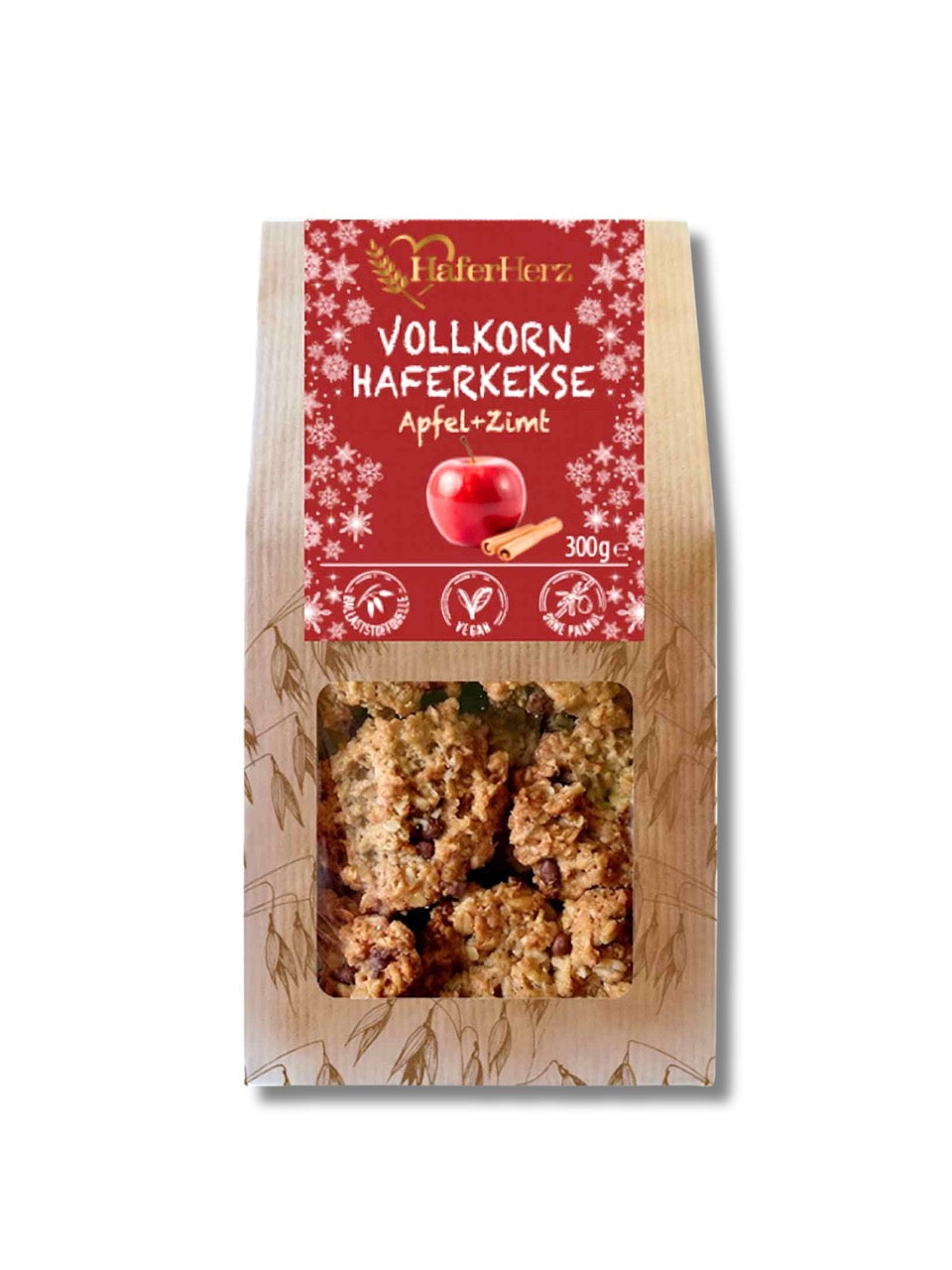 Vollkorn Haferkekse Apfel-Zimt 300g von Haferherz – knusprige Haferkekse mit Apfel-Zimt perfekt zur Weihnachtszeit erhältlich online und vor Ort in der Dreyer Confiserie Hameln.