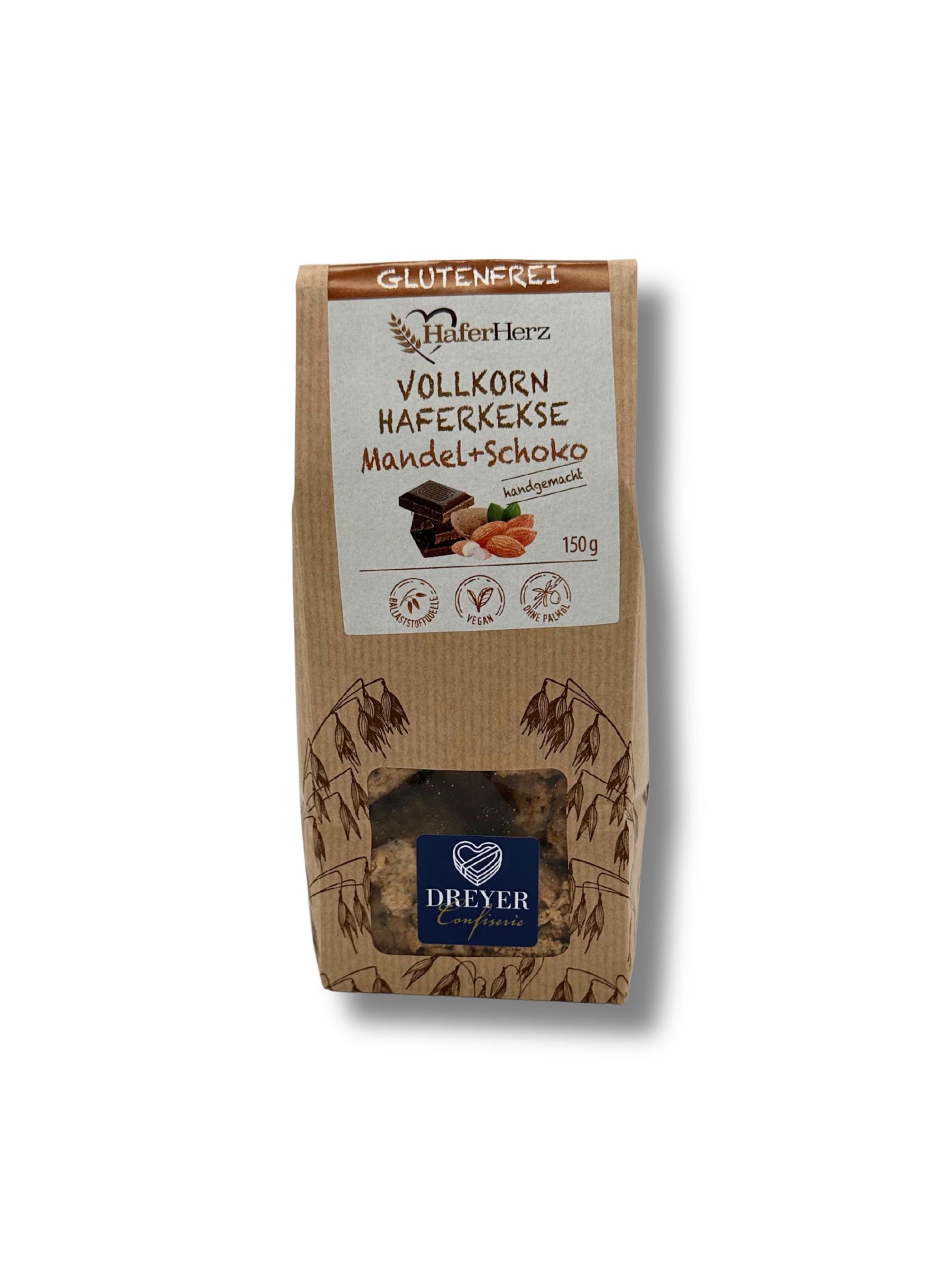 HaferHerz Vollkorn-Haferkekse Mandel-Schoko, 150 g glutenfrei – erhältlich in der Dreyer Confiserie in der Rattenfängerstadt Hameln.