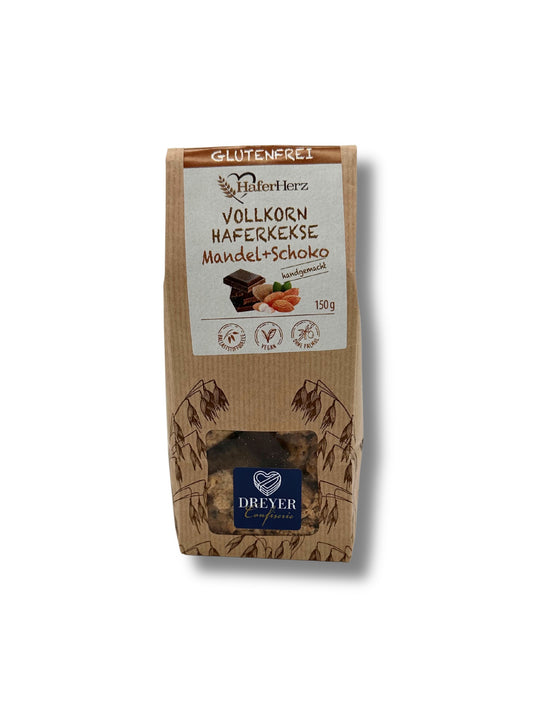 HaferHerz Vollkorn-Haferkekse Mandel-Schoko, 150 g glutenfrei – erhältlich in der Dreyer Confiserie in der Rattenfängerstadt Hameln.