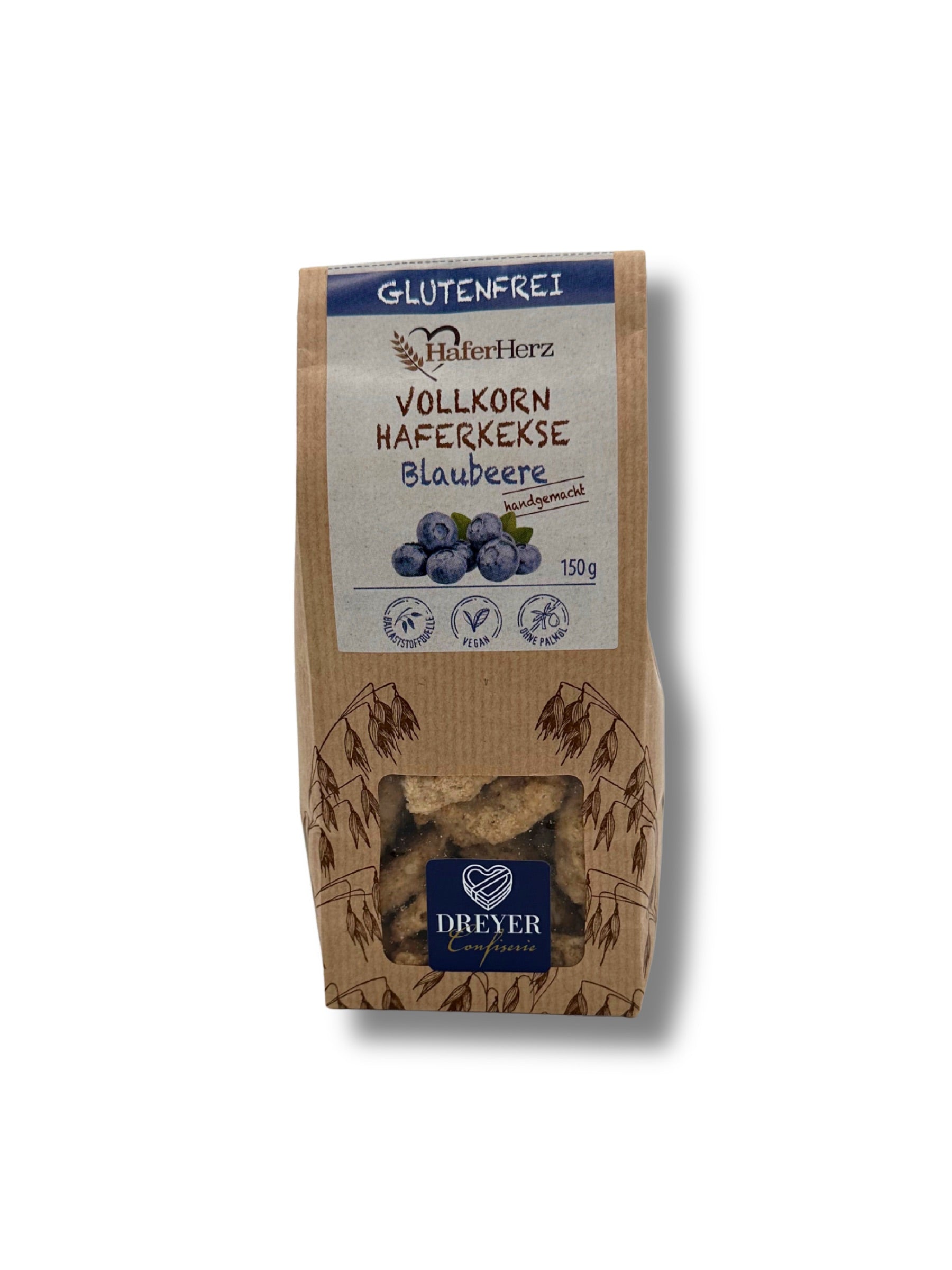 HaferHerz Vollkorn-Haferkekse Blaubeere, 150 g glutenfrei – erhältlich in der Dreyer Confiserie in der Rattenfängerstadt Hameln.