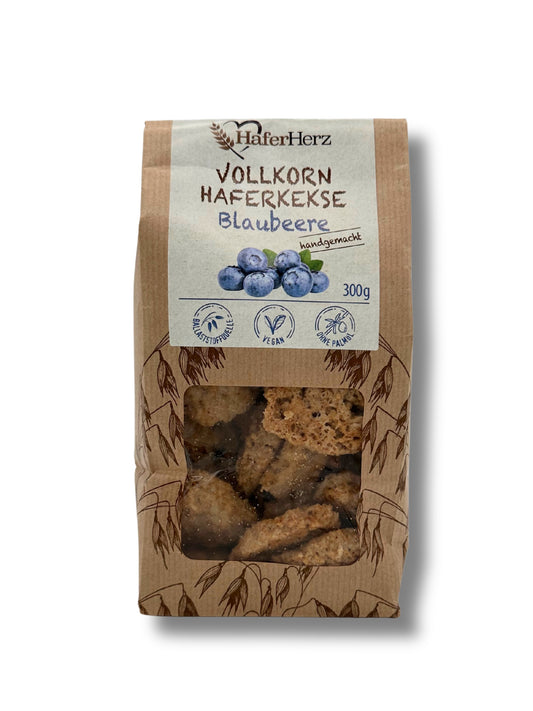 Veganer Vollkorn-Haferkeks mit kandierten Blaubeeren von HaferHerz in 300 g-Packung – erhältlich in der Dreyer Confiserie in der Rattenfängerstadt Hameln.