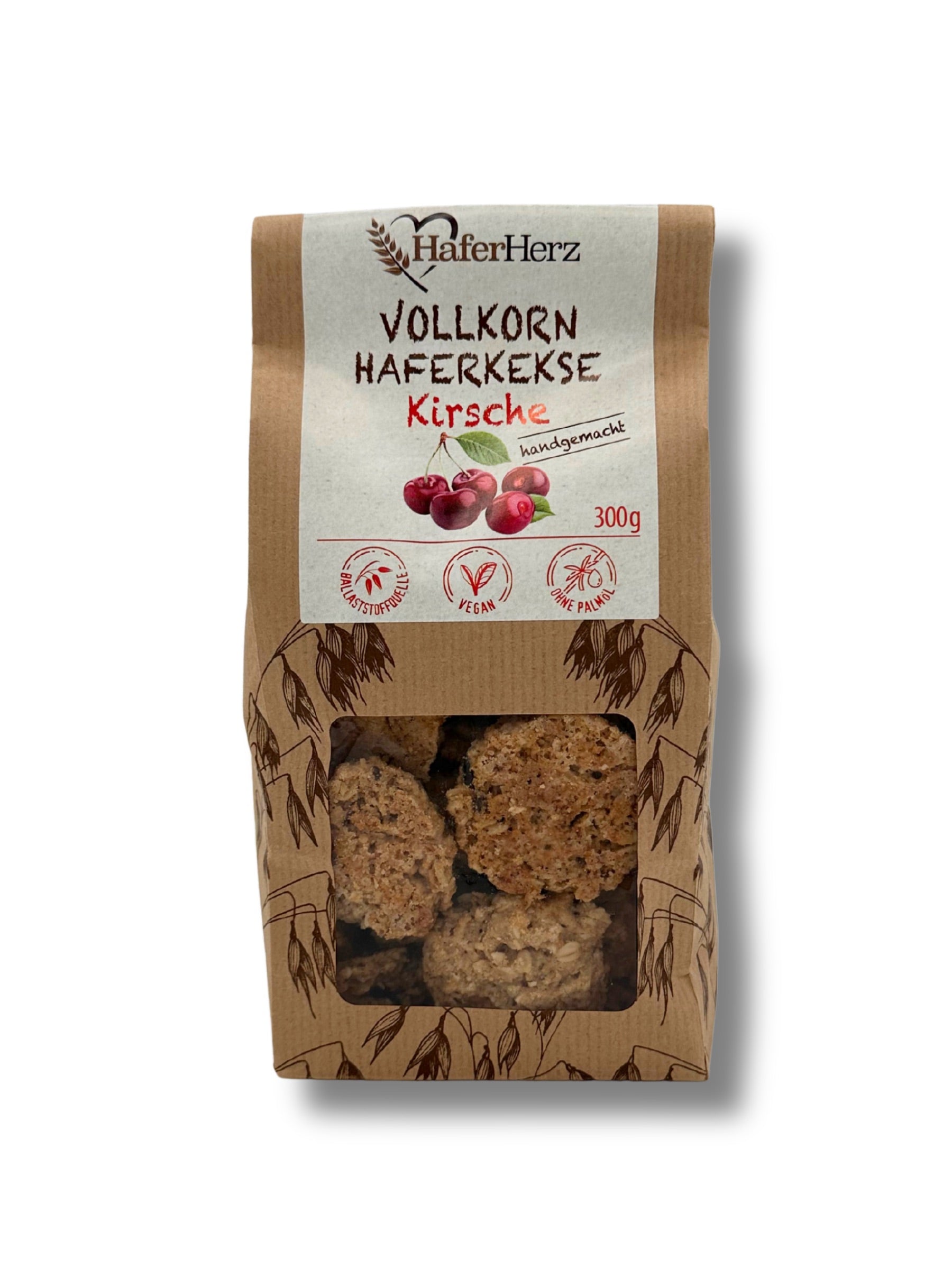 Veganer Vollkorn-Haferkeks mit kandierten Kirschen von HaferHerz in 300 g-Packung – erhältlich in der Dreyer Confiserie in der Rattenfängerstadt Hameln.
