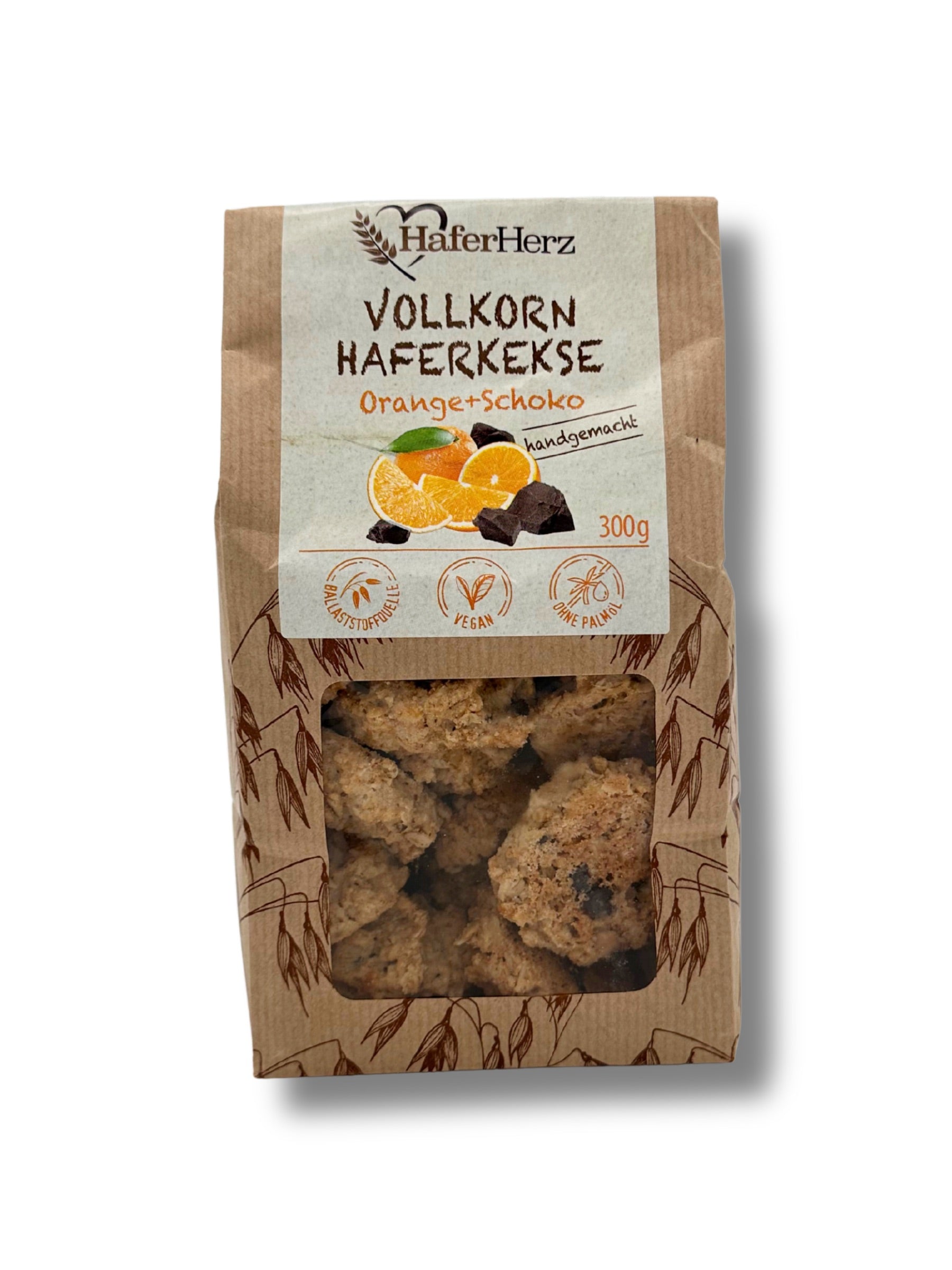Veganer Vollkorn-Haferkeks mit Orange und Schokolade von HaferHerz in 300 g-Packung – erhältlich in der Dreyer Confiserie in der Rattenfängerstadt Hameln.