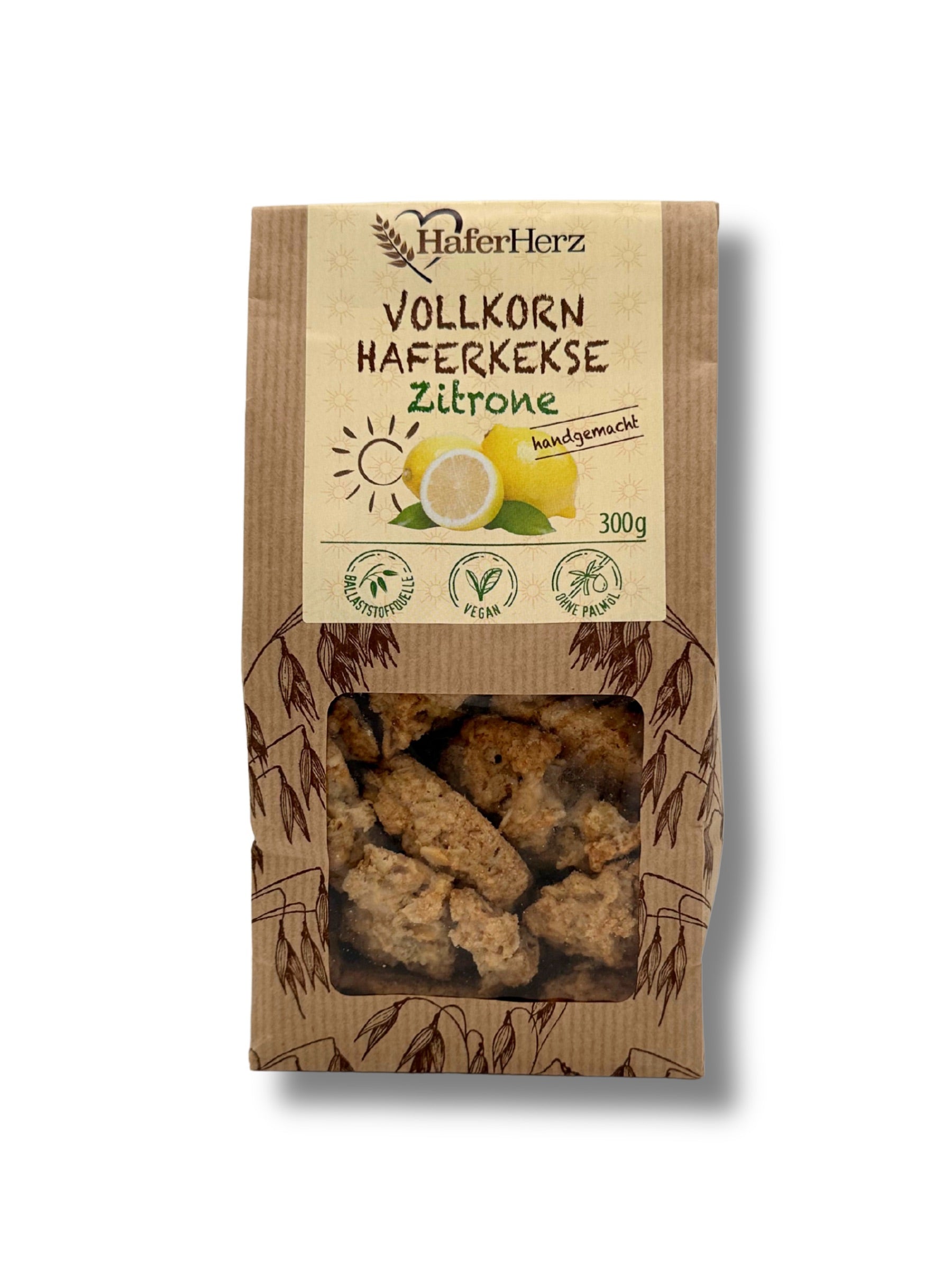Veganer Vollkorn-Haferkeks mit kandierter Zitronenschale von HaferHerz in 300 g-Packung – erhältlich in der Dreyer Confiserie in der Rattenfängerstadt Hameln.