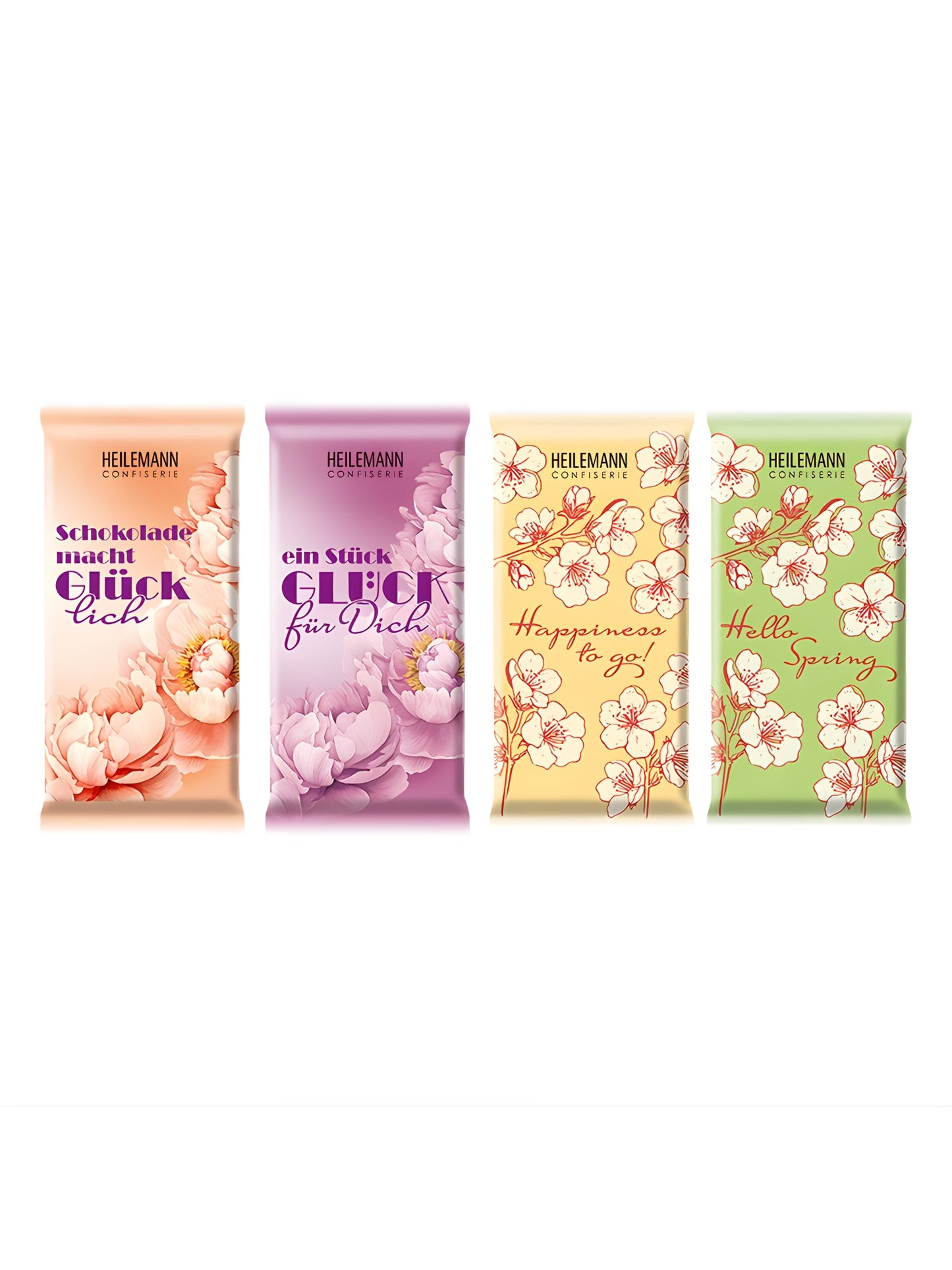 Heilemann Frühlingsschokoladen Täfelchen 37g aus Edelvollmilchschokolade mit floralen Frühlingsmotiven und Botschaften erhältlich in der Dreyer Confiserie Hameln.