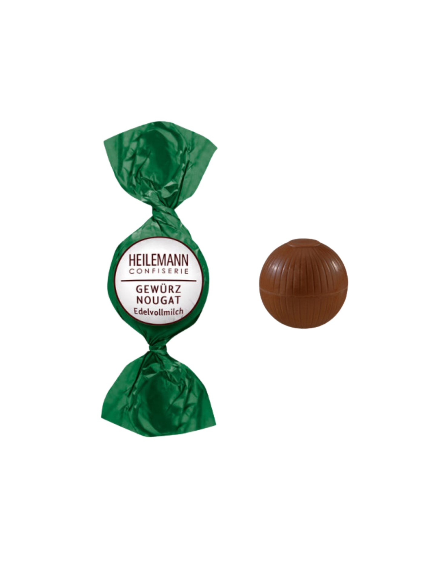 Heilemann Gewürz-Nougat Praliné-Kugel 15 g – Edelvollmilch-Schokoladenkugel mit Haselnuss-Nougat und feinen Weihnachtsgewürzen, ideal für den Bunten Teller, erhältlich in der Dreyer Confiserie in der Rattenfängerstadt Hameln.
