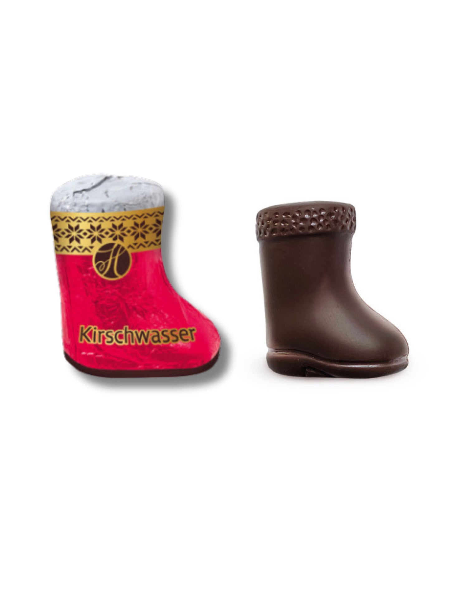 Kirschwasser-Stiefelchen Edelbitter 19 g – feine Schokoladenstiefel aus Edelbitter-Schokolade mit flüssiger Kirschwasser-Füllung, erhältlich in der Dreyer Confiserie in der Rattenfängerstadt Hameln.