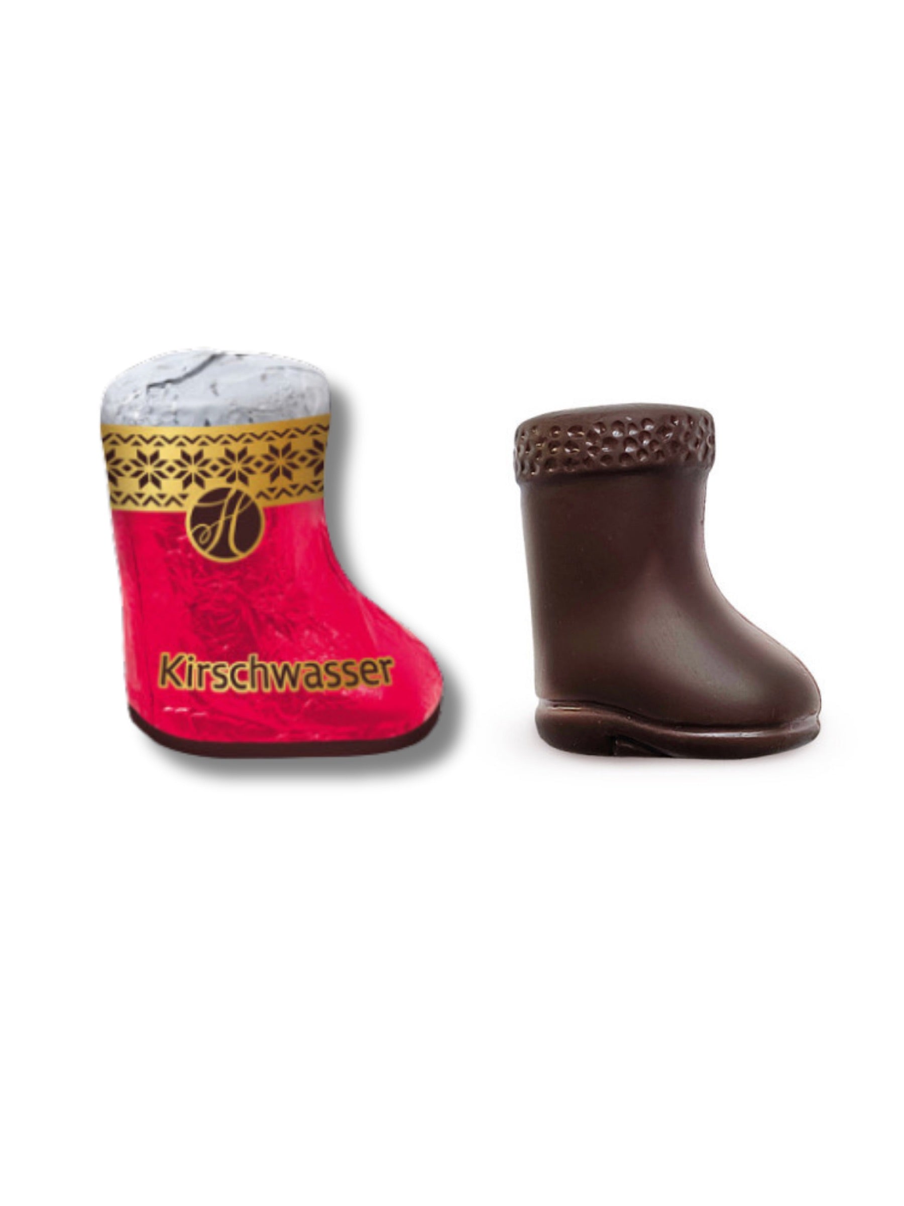 Kirschwasser-Stiefelchen Edelbitter 19 g – feine Schokoladenstiefel aus Edelbitter-Schokolade mit flüssiger Kirschwasser-Füllung, erhältlich in der Dreyer Confiserie in der Rattenfängerstadt Hameln.