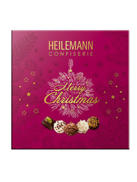 Mini Pralinés „Merry Christmas“ 91 g – edle Auswahl aus fünf feinen Pralinensorten mit Edelvollmilch- und Edelbitter-Schokolade, verfeinert mit Spirituosen, erhältlich in der Dreyer Confiserie in der Rattenfängerstadt Hameln.