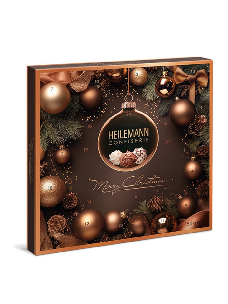 Tisch-Adventskalender Mini-Pralinen 154 g – eleganter Adventskalender mit 24 Mini-Pralinen und zwei Schokoladenfiguren aus Edelvollmilch-Schokolade, mit feinen Spirituosen, erhältlich in der Dreyer Confiserie in der Rattenfängerstadt Hameln.