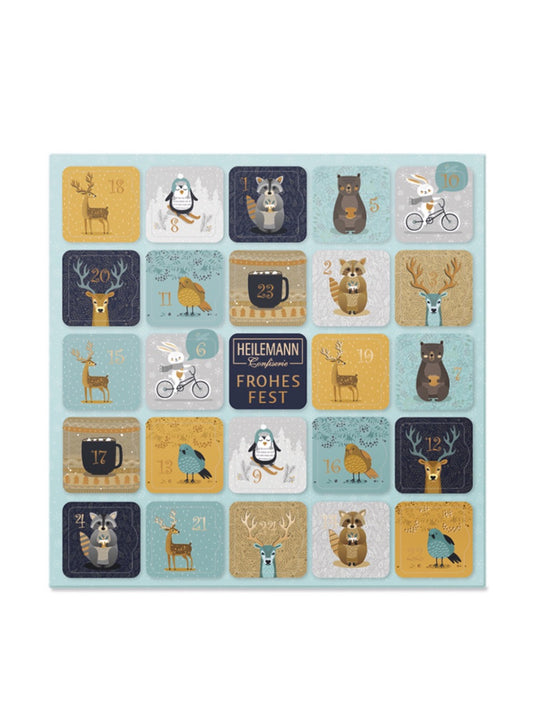 Heilemann Tisch-Adventskalender „Täfelchen“ 120 g – Adventskalender mit 24 Edelvollmilch-Schokoladentäfelchen und goldveredelten Motiven, erhältlich in der Dreyer Confiserie in der Rattenfängerstadt Hameln.