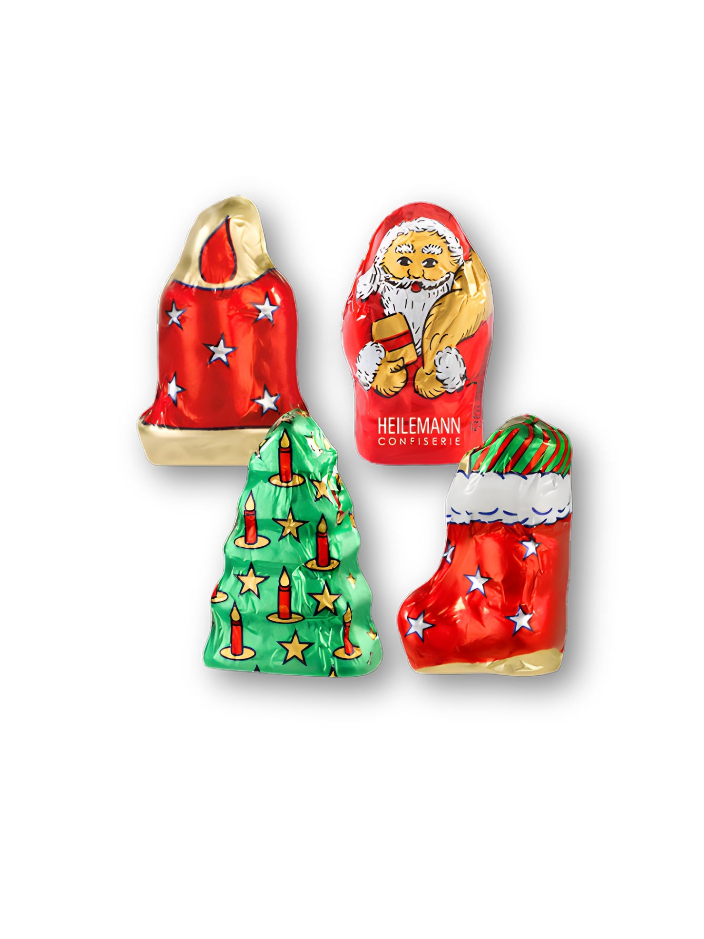 Heilemann Weihnachtsfiguren 4-fach sortiert 10 g – kleine Schokoladenfiguren aus Edelvollmilch-Schokolade in buntem Stanniol mit Motiven wie Weihnachtsmann, Tannenbaum, Nikolausstiefel und Kerze, erhältlich in der Dreyer Confiserie in der Rattenfängerstadt Hameln.