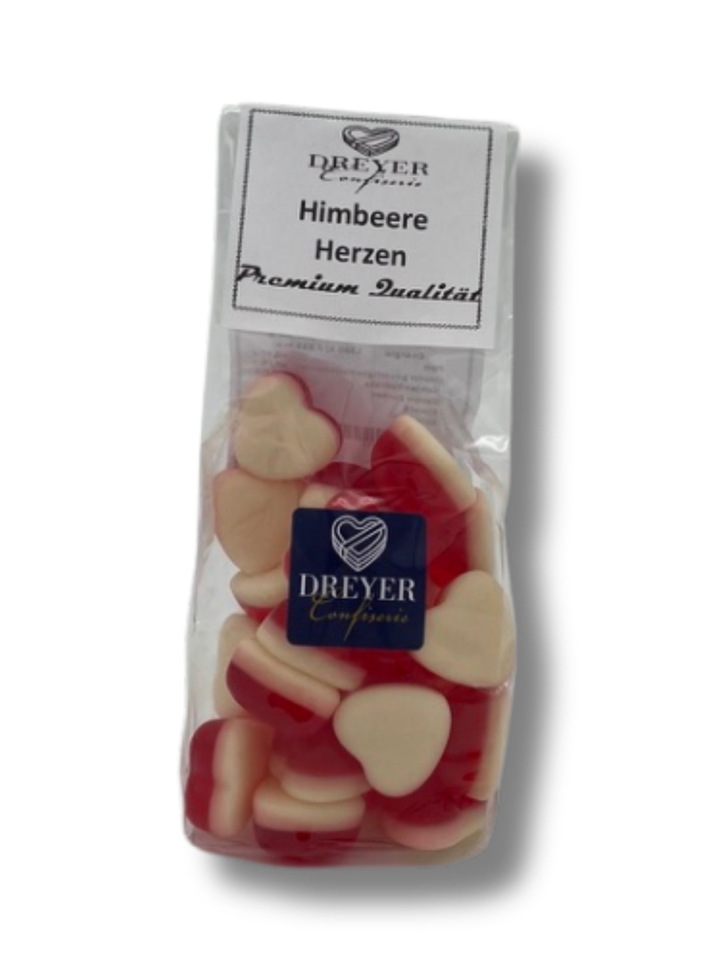 Himbeer Herzen Fruchtgummi mit Vanillegeschmack – Spezialität der Dreyer Confiserie aus Hameln, 200g Packung.