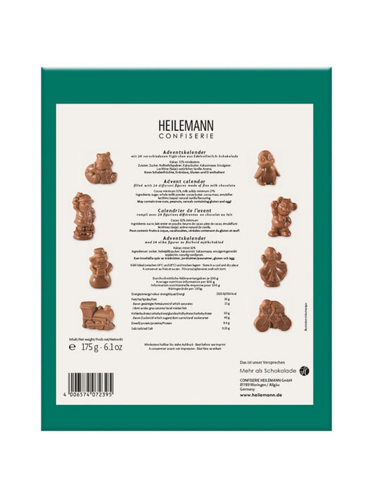 Rückseite und Inhalt von Kinder-Adventskalender Edelvollmilch 175 g.