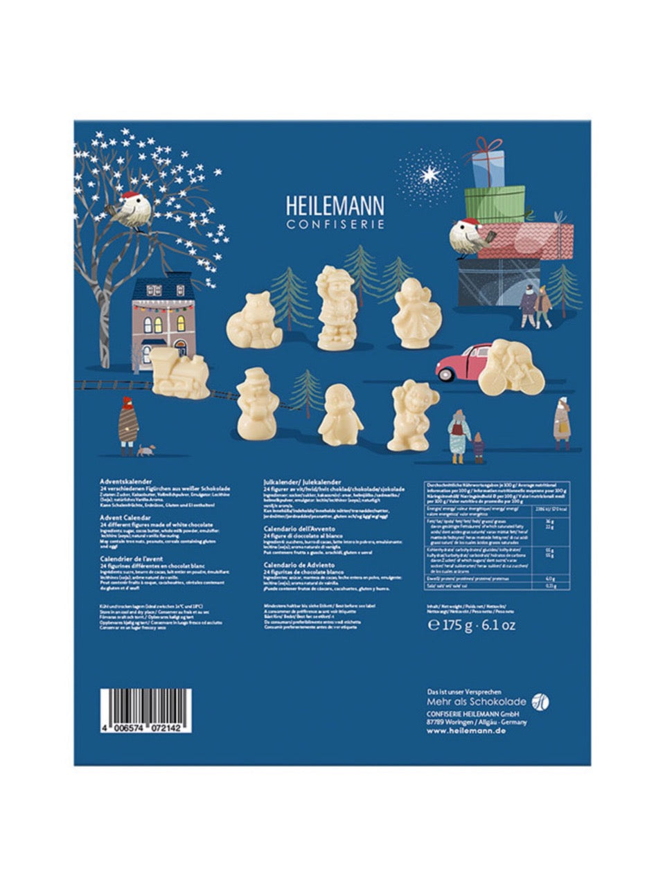 Rückseite und Inhalt von Heilemann Kinder-Adventskalender Weiße Schokolade 175 g – gefüllt mit 24 weihnachtlichen Figuren aus cremiger weißer Schokolade.