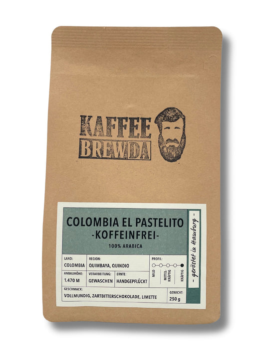 Kaffee Brewda Colombia El Pastelito koffeinfrei 250g Bohne mit Noten von Zartbitterschokolade und Limette.