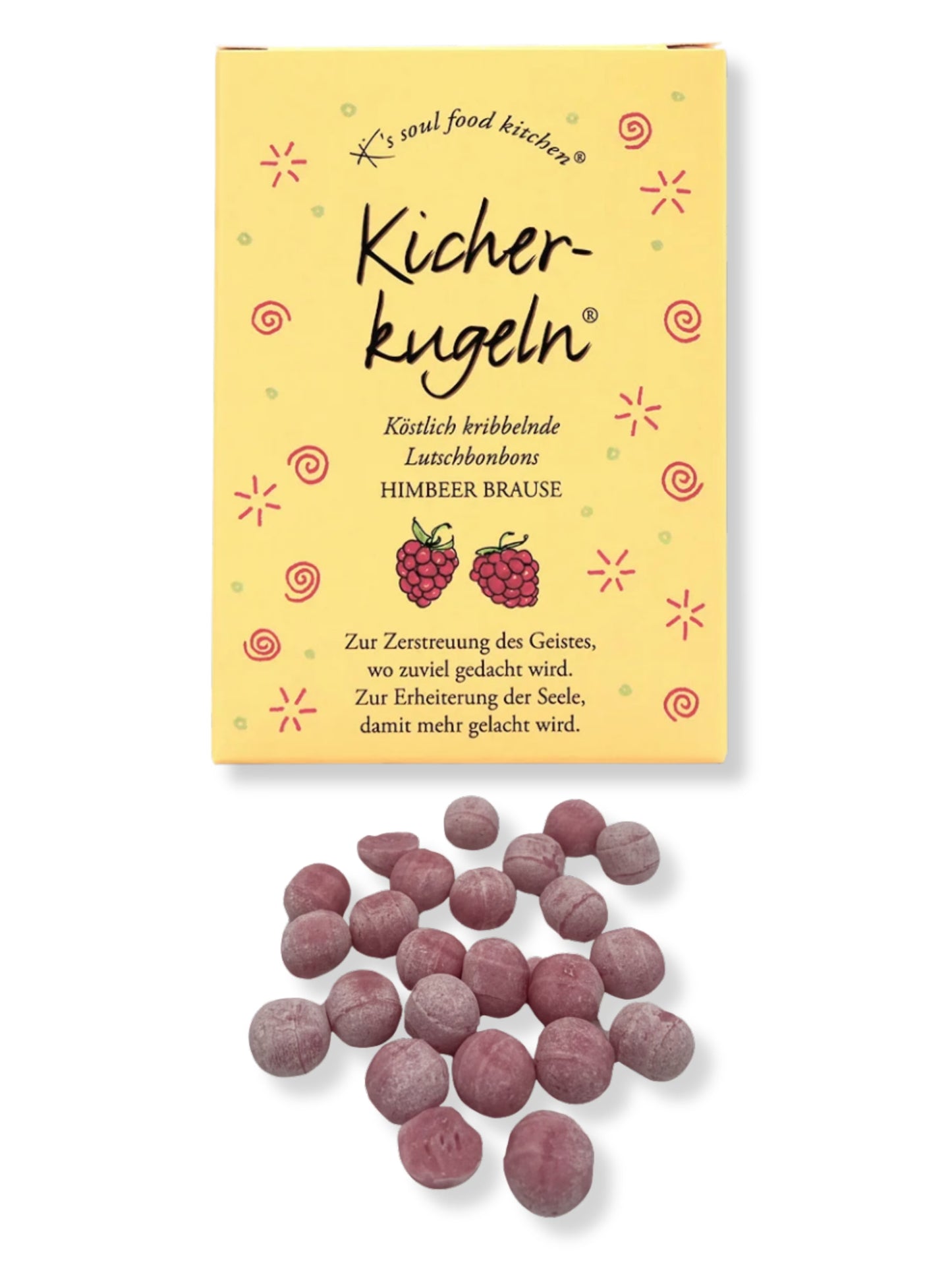 Kicherkugeln Bonbons von K’s Soul Food Kitchen – prickelnde Himbeer-Brause-Lutschbonbons mit natürlichen Aromen, 75 g Packung für gute Laune und Genussmomente.