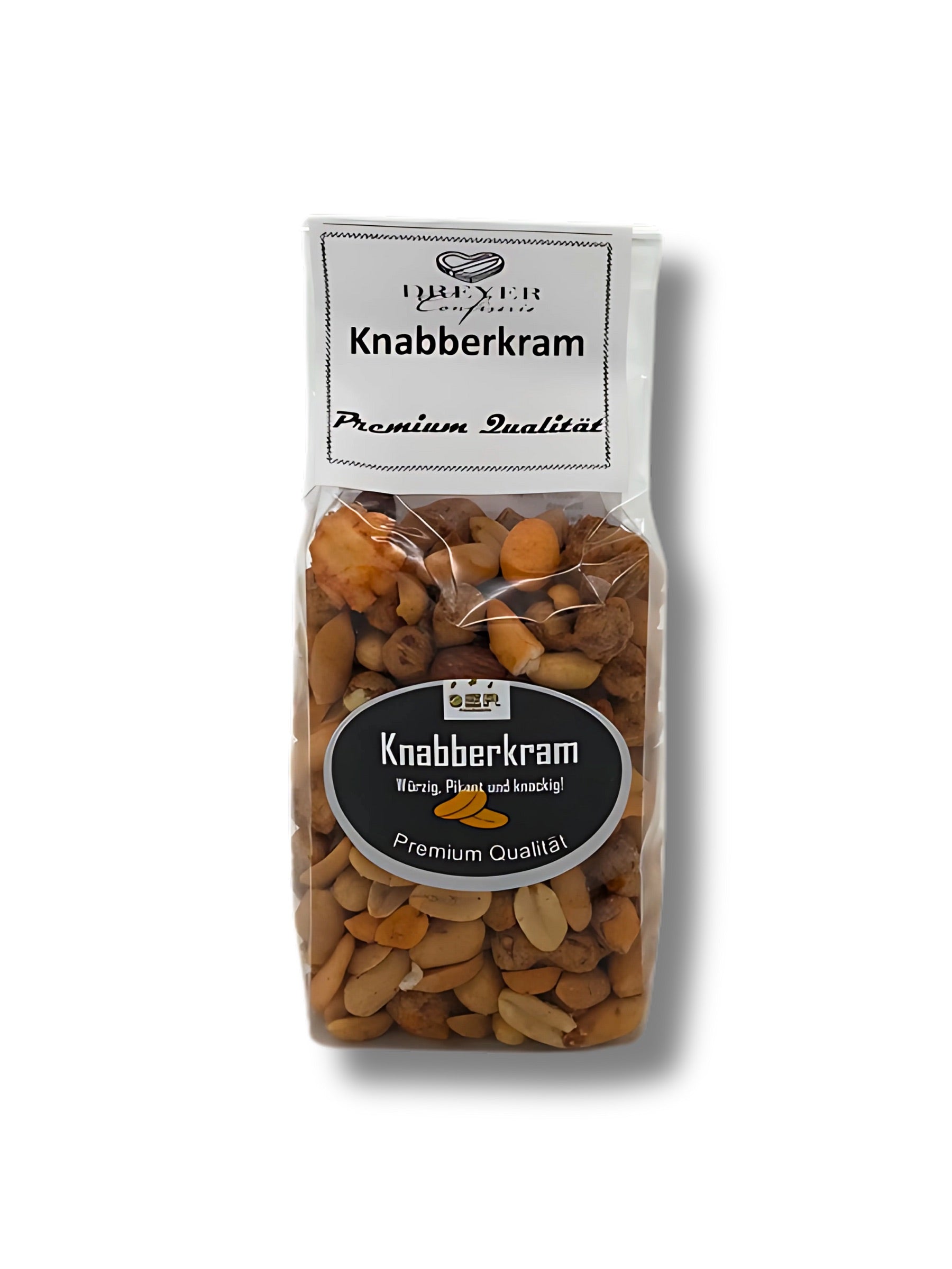 Knabberkram von Dreyer Confiserie – herzhafte Mischung aus Nüssen und Reiscrackern aus Hameln, 200g Beutel.