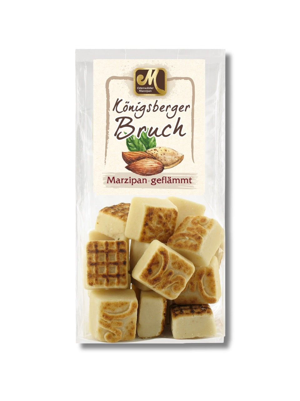 Geflämmter Königsberger Marzipanbruch, 250 g, handgefertigt mit Röstaroma, vegan – von der Odenwälder Marzipan Konditorei, erhältlich in der Dreyer Confiserie in Hameln und online.