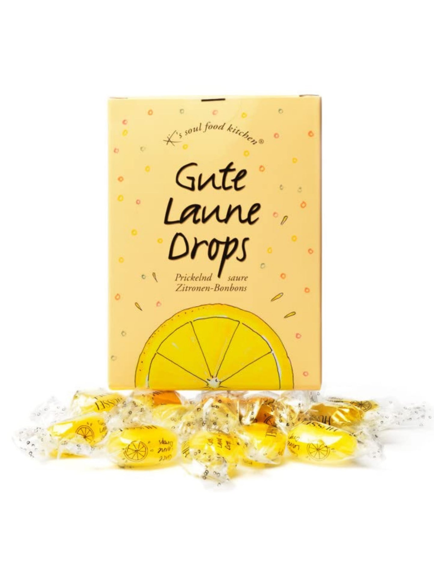 Gute Laune Drops – Zitronen Bonbons mit Brausepulver-Füllung von K's Soul Food Kitchen, 100 g prickelnd saurer Bonbon-Genuss, erhältlich bei der Confiserie Dreyer in der Rattenfängerstadt Hameln.