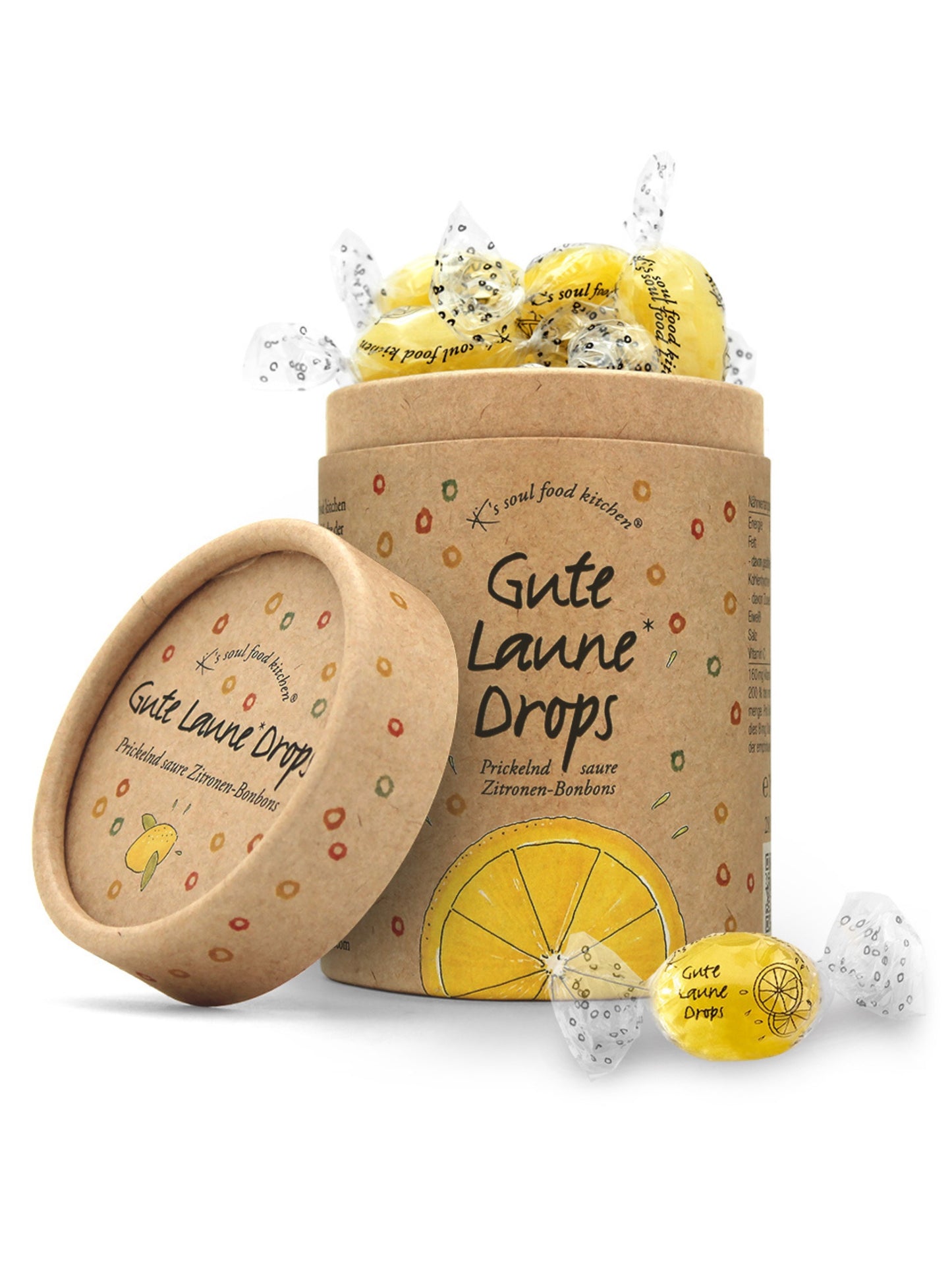 Gelbe Runddose „Gute Laune Drops“ von K's Soul Food Kitchen® – gefüllt mit extra sauren Zitronenbonbons und Brausepulver, erhältlich bei der Confiserie Dreyer in der Rattenfängerstadt Hameln.