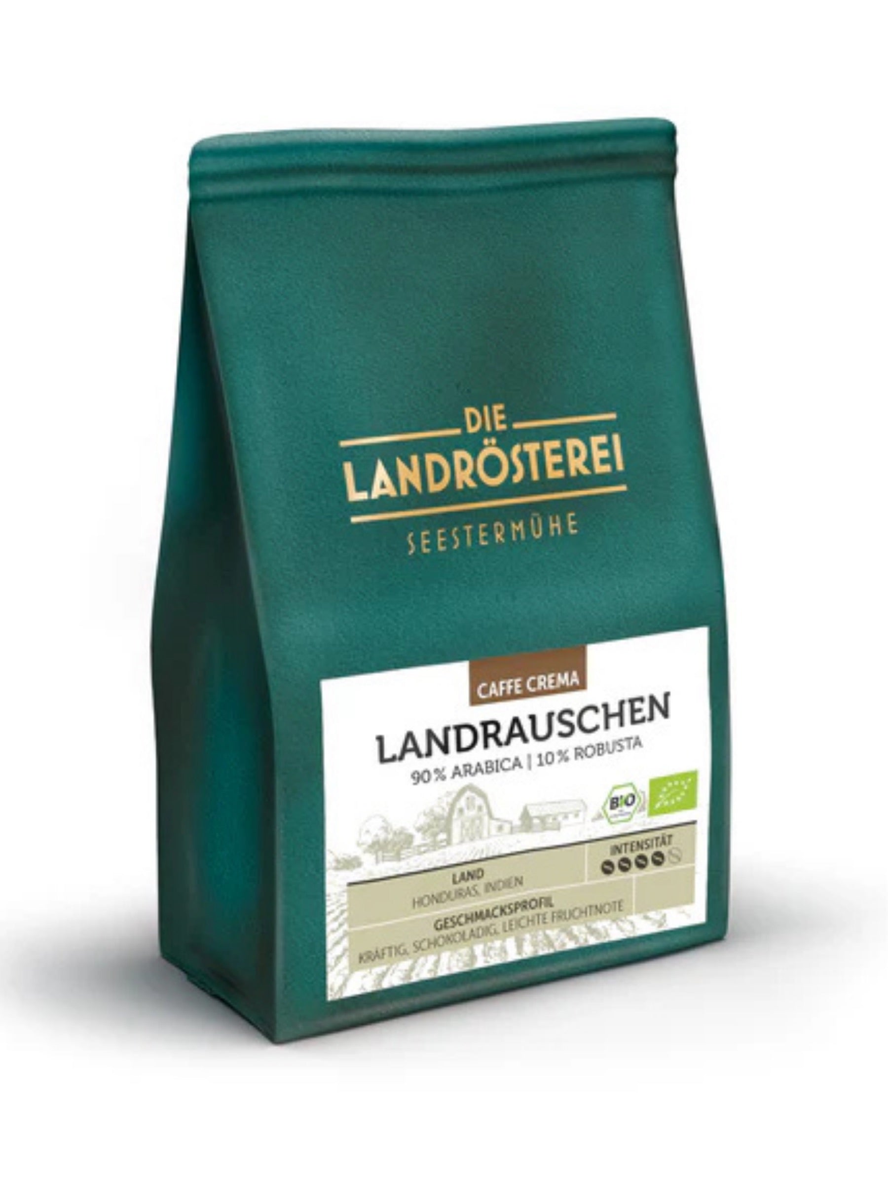 Landrauschen Café Crema, 250 g ganze Bohne, von Die Landrösterei Seestermühe – vollmundiger Kaffee mit Schokoladen- und Nussnote, erhältlich in der Dreyer Confiserie in Hameln und online.