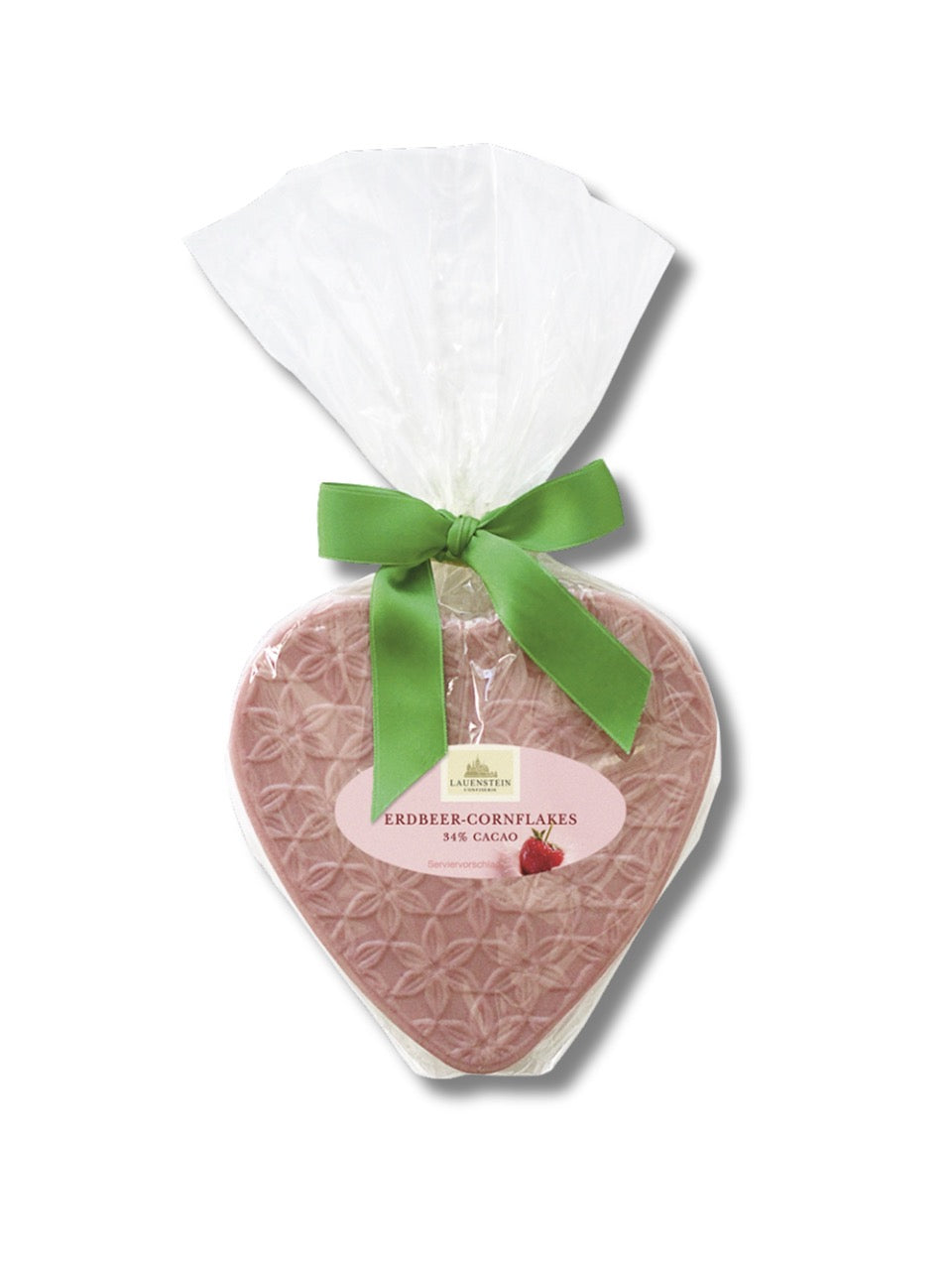 Erdbeer-Cornflakes-Schokoladenherz aus weißer Schokolade mit gefriergetrockneten Erdbeeren und Maisflakes, 95 g, von Lauenstein – dekorativ verpackt, erhältlich bei Dreyer Confiserie.