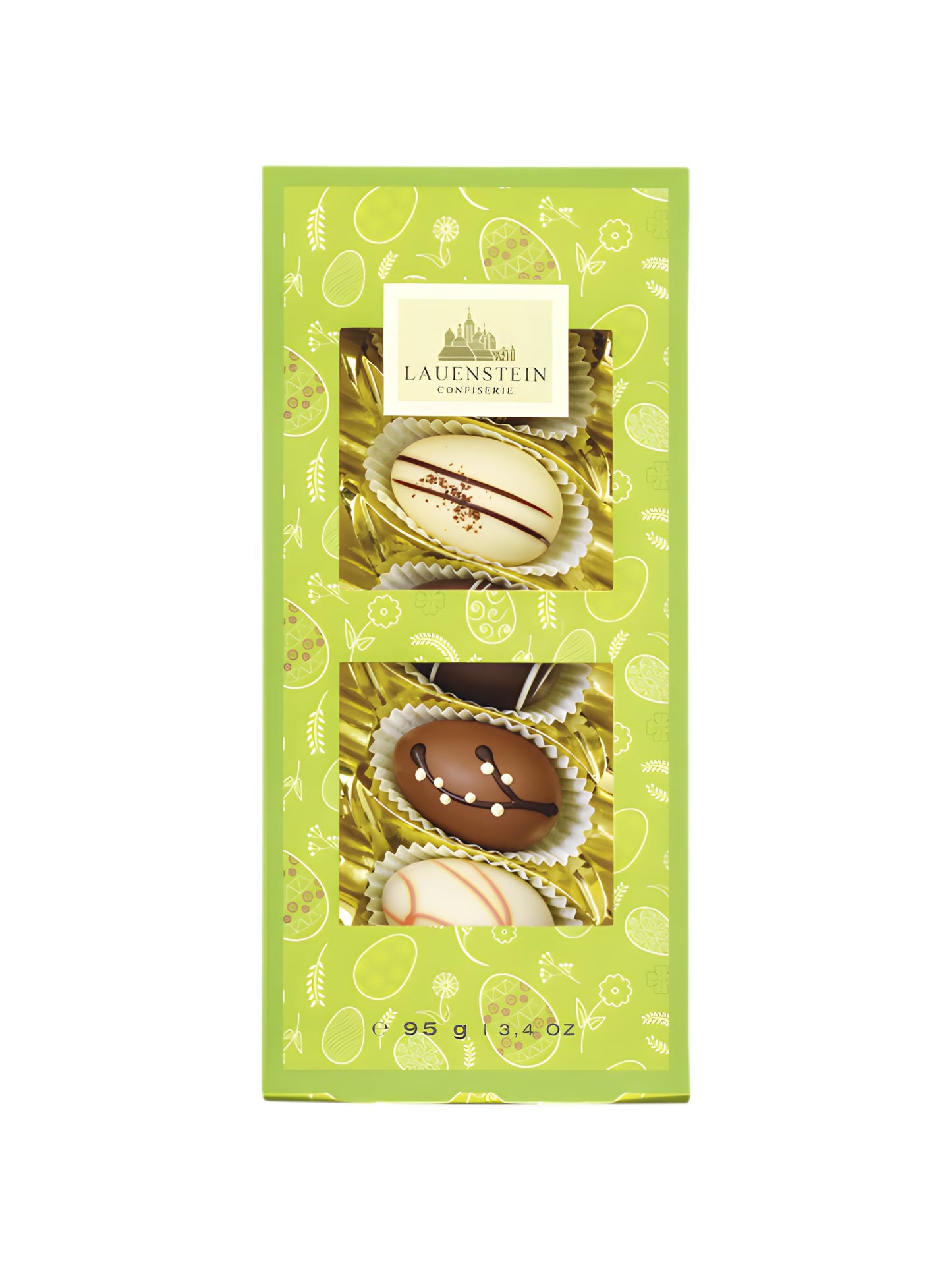 Oster Klarsichtpräsent Manufaktur Ei Auslese mit Alkohol 95g von der Lauenstein Confiserie, fünf handdekorierte Trüffel und Pralineneier mit Alkohol in transparenter Geschenkverpackung, erhältlich bei der Dreyer Confiserie in Hameln.