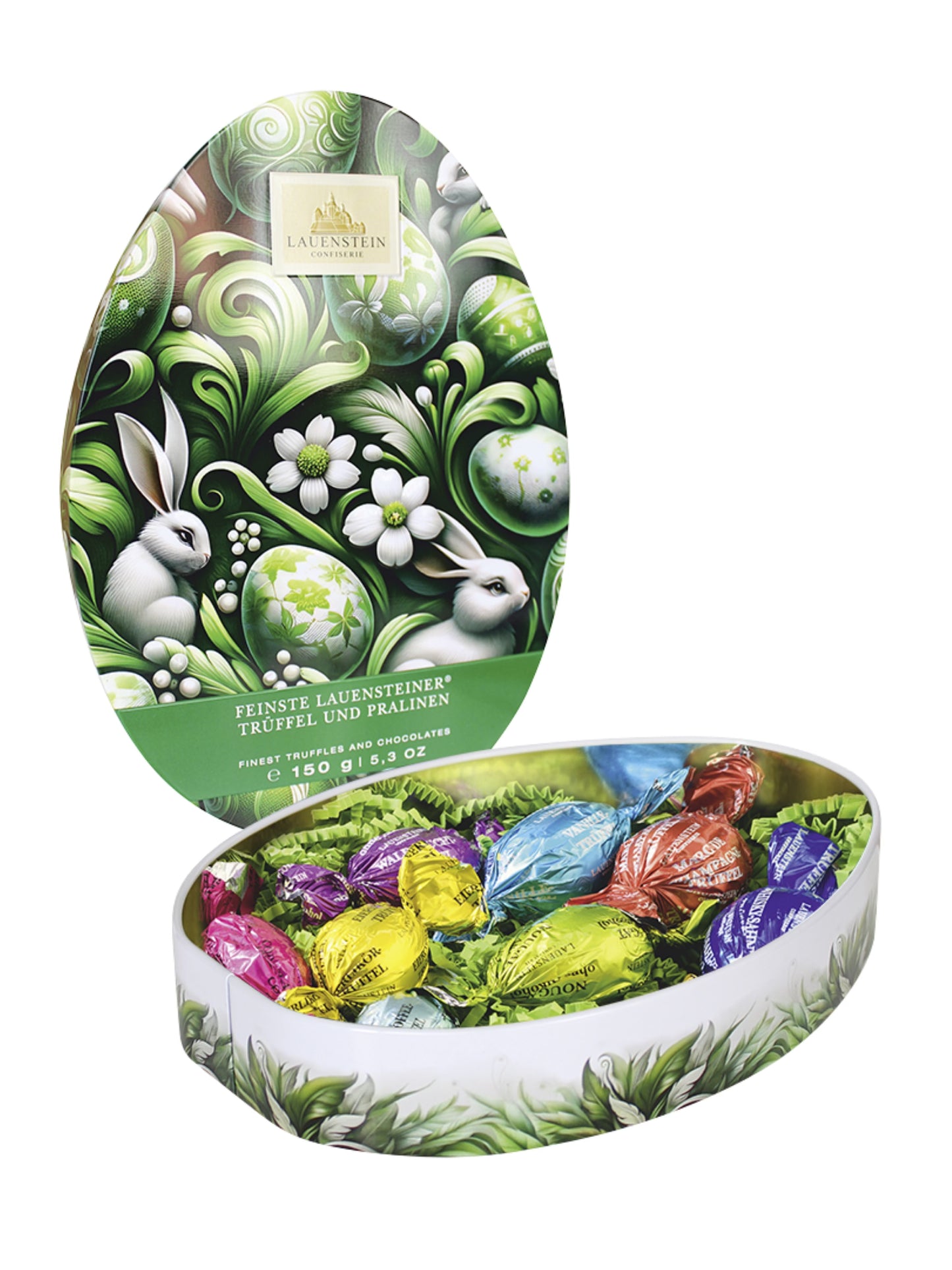 Osterei Dose Gourmet Eier bunt gewickelt mit Alkohol 150g von der Lauenstein Confiserie, zehnfach sortierte Trüffel und Pralineneier mit Alkohol in dekorativer Metalldose, erhältlich bei der Dreyer Confiserie in Hameln.