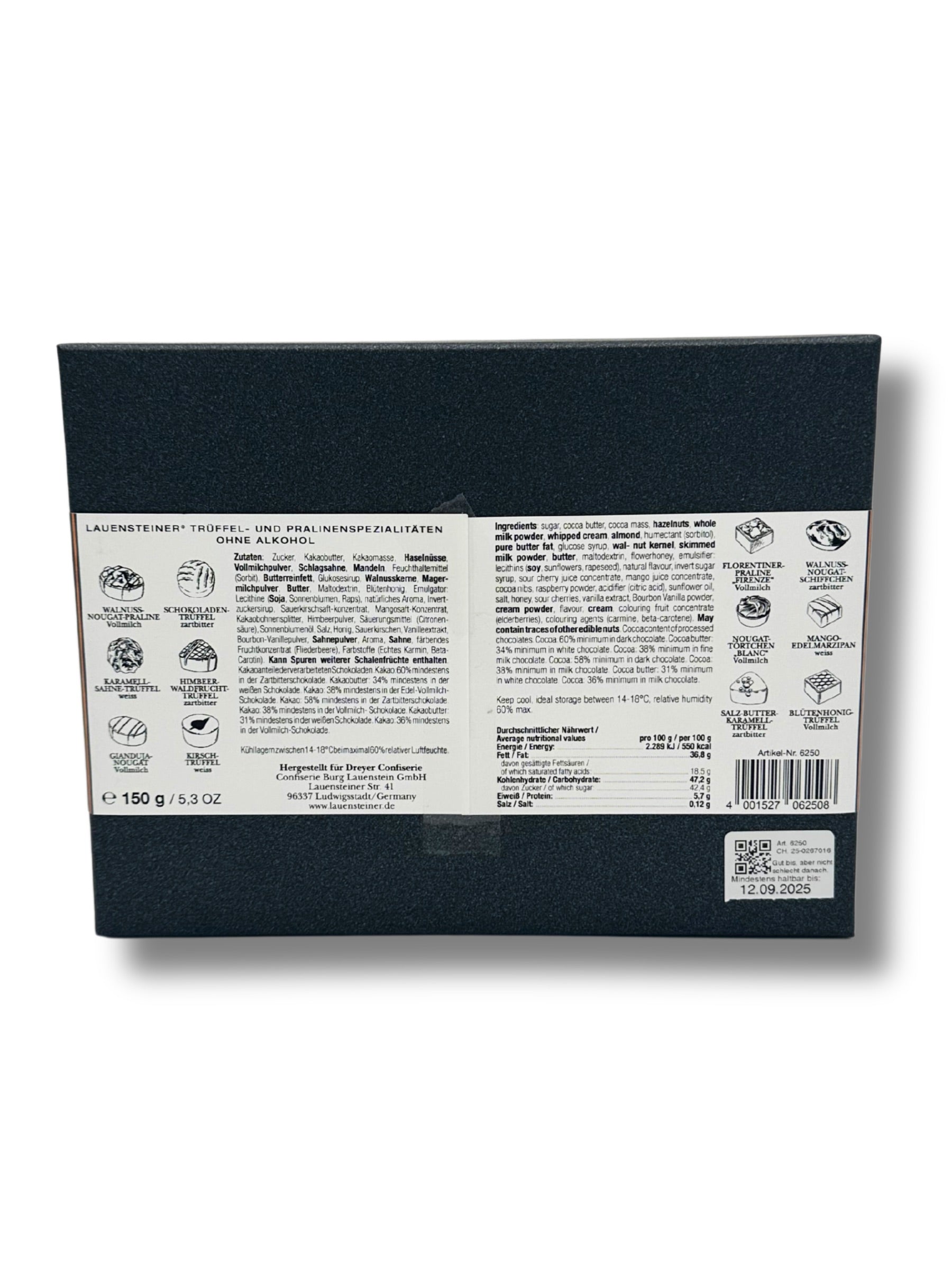 Handgemachte Pralinenmischung ohne Alkohol – Geschenkbox mit Motiv des Rattenfängers von Hameln.