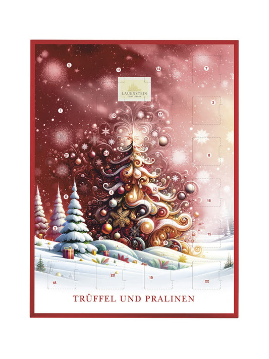 Lauensteiner Adventskalender „Weihnachtsbaum“ 300 g – edler Schokoladen-Adventskalender mit 24 handgefertigten Pralinen und Trüffeln, erhältlich in der Dreyer Confiserie in der Rattenfängerstadt Hameln.
