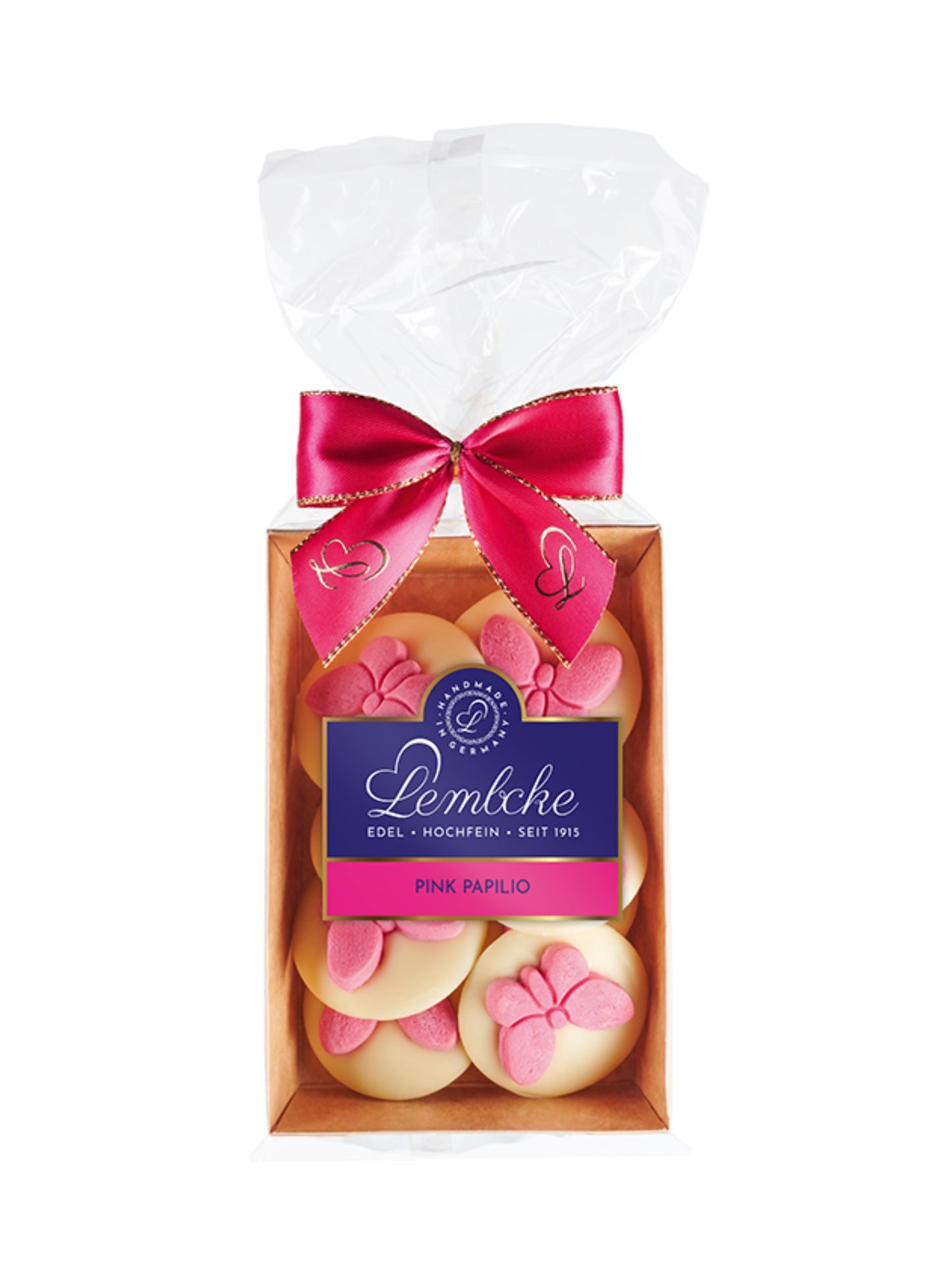 Lembcke Pink Papilio, Praline aus weißer Schokolade mit edler Füllung.