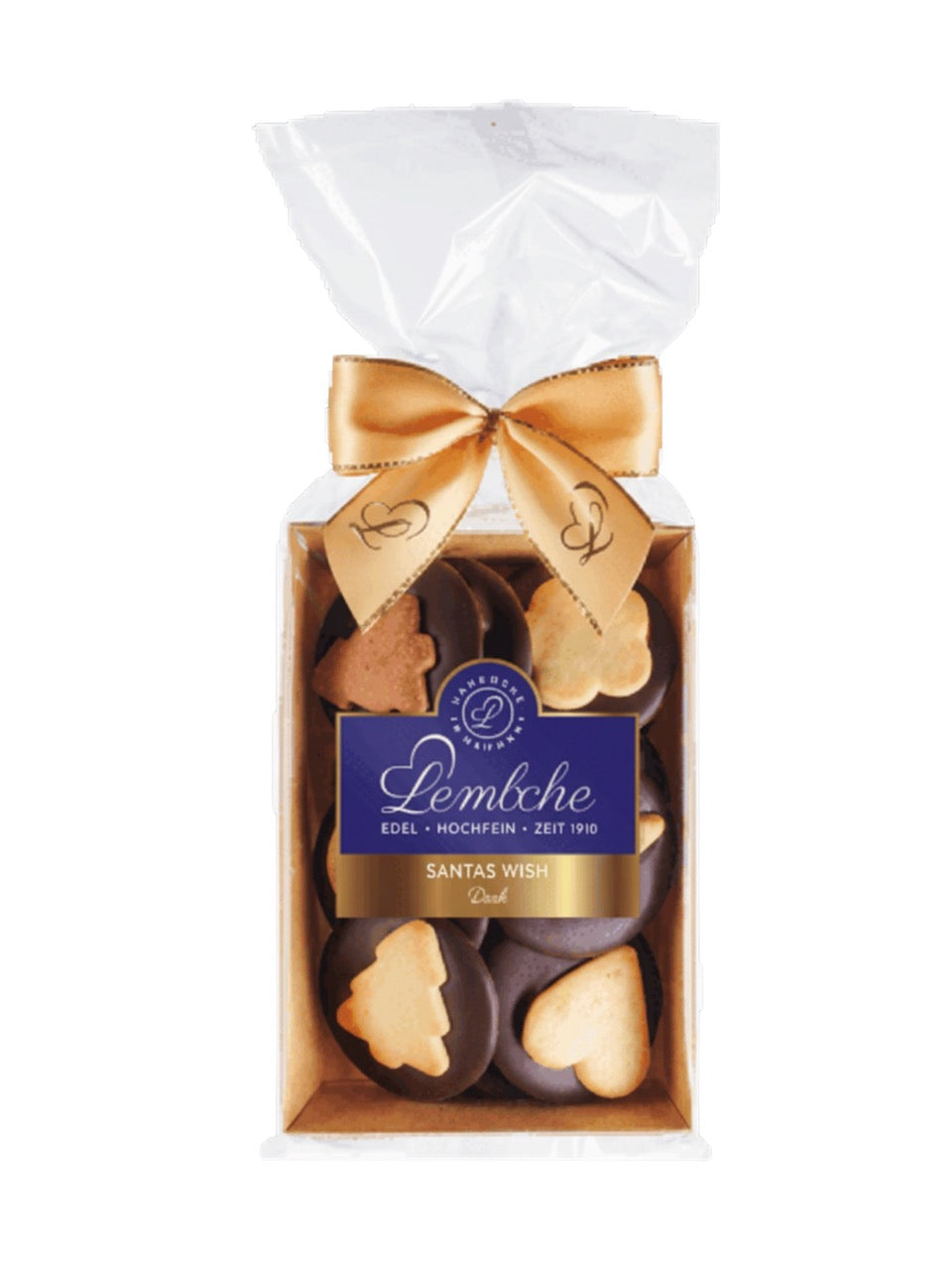 Lembcke Santa’s Wish Dark 100 g – Butter-Mürbegebäck mit Nüssen auf Zartbitterschokolade in festlicher Verpackung mit goldener Schleife.
