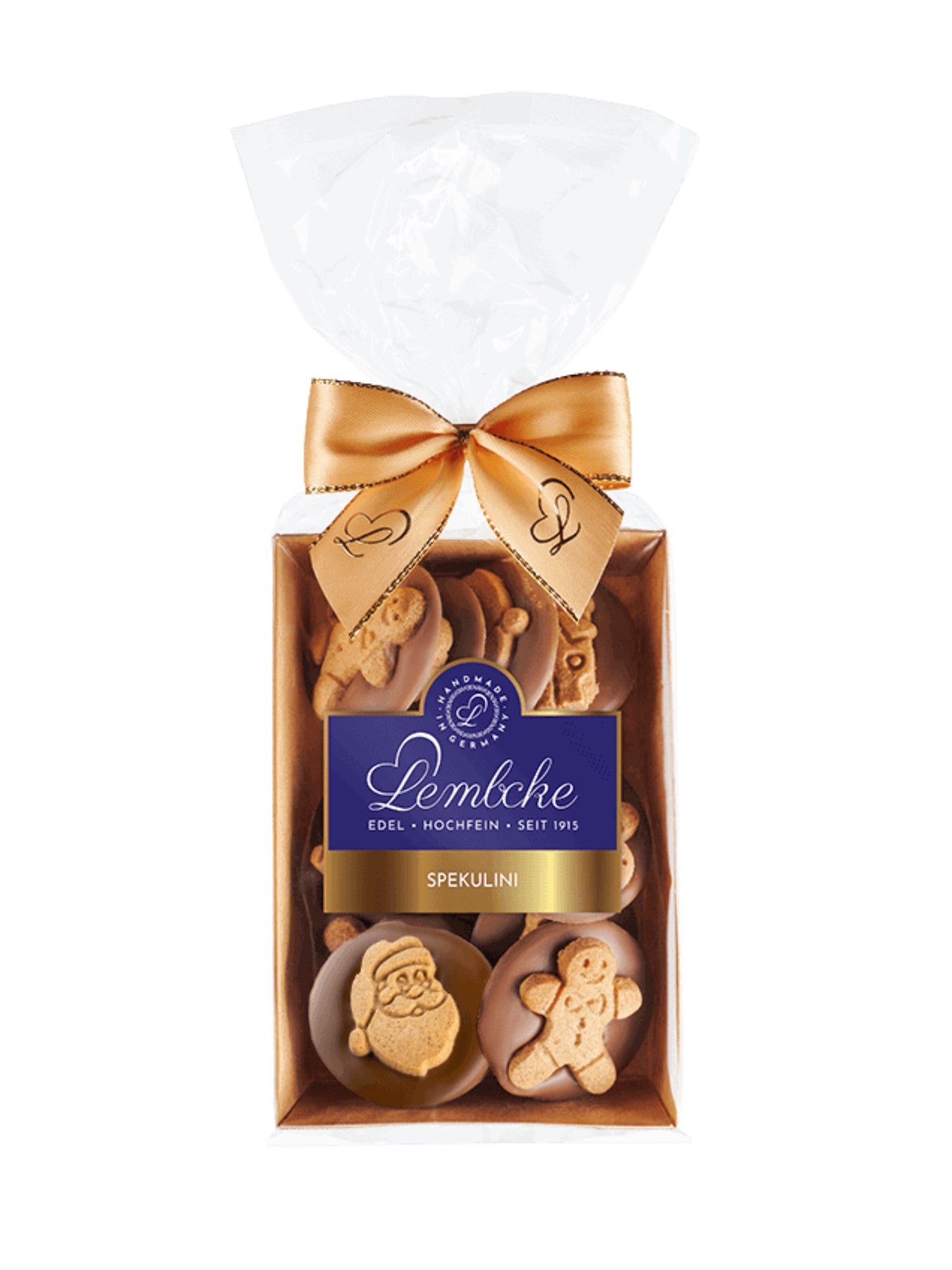 Lembcke Spekulini Vollmilch 100g – feiner Gewürzspekulatius auf Vollmilchschokolade in weihnachtlichen Motiven.