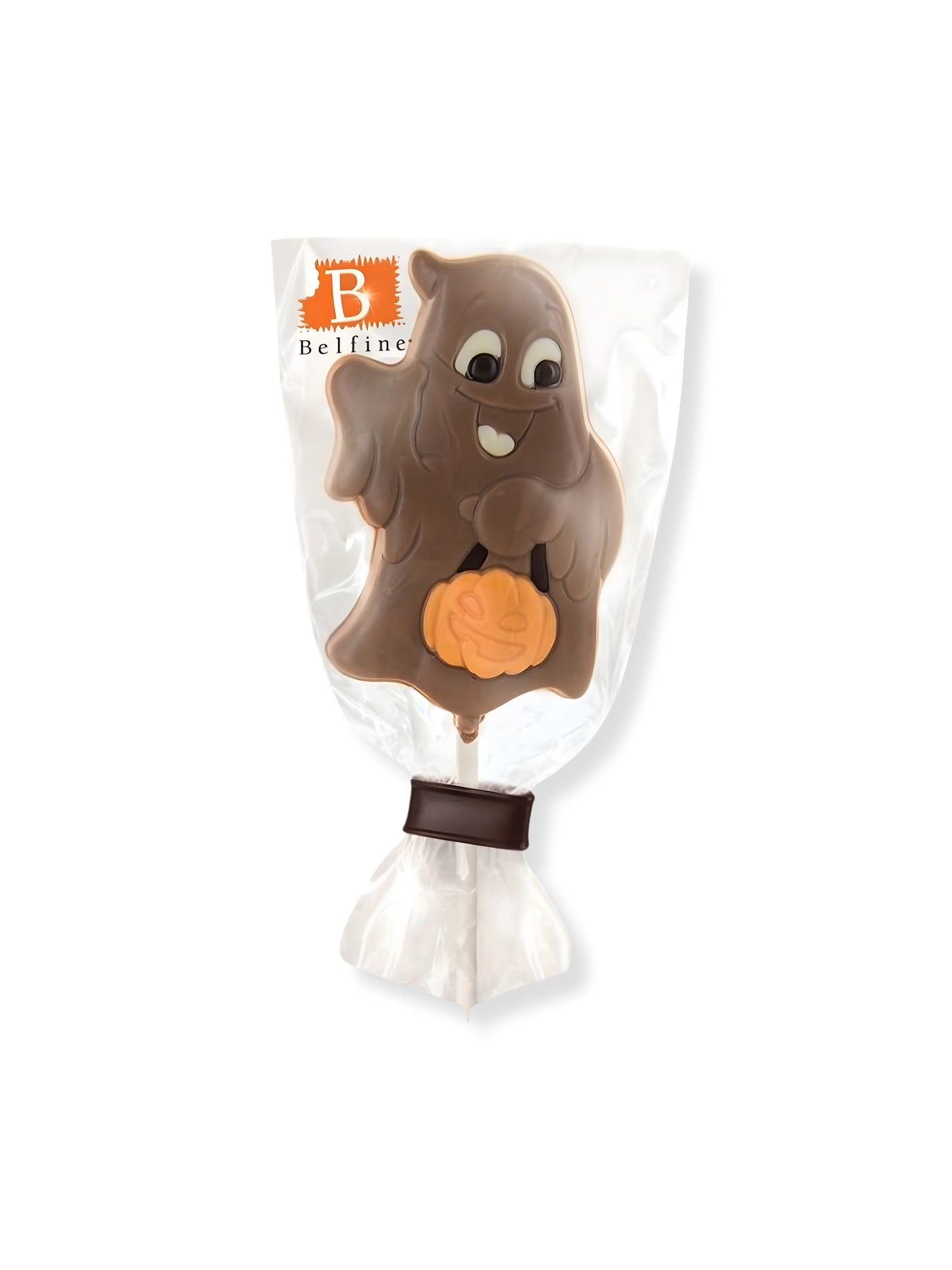 Lolli Gespenst 25g von Belfine – detailreich dekorierter Schokoladen-Lolli aus belgischer Vollmilch-, weißer und Zartbitterschokolade, erhältlich in der Dreyer Confiserie in der Rattenfängerstadt Hameln.