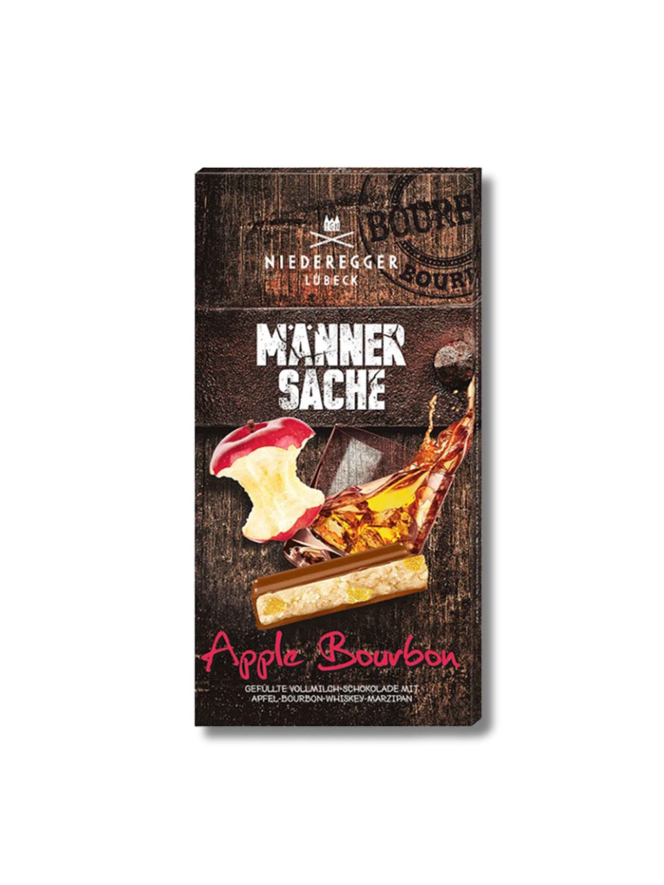 Niederegger Marzipan Tafel Apple Bourbon Männersache 110 g – gefüllte Vollmilchschokolade mit Apfel-Bourbon-Marzipan, erhältlich bei Dreyer Confiserie Hameln.