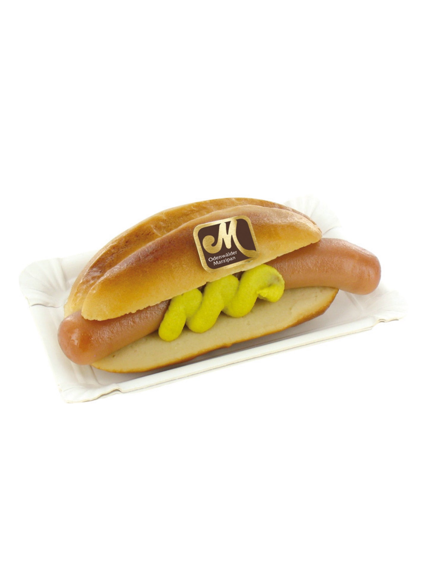 Marzipanfigur in Form eines Brötchens mit Würstchen, 225 g, handgefertigt, glutenfrei und vegetarisch. Erhältlich online in der Dreyer Confiserie, oder auch in unserem Ladenlokal in der Rattenfängerstadt Hameln.