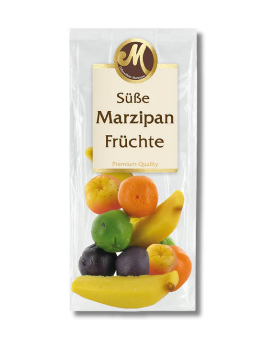Süße Marzipanfrüchte, bunt modellierte Fruchtfiguren aus Edelmarzipan, 100 g, von der Odenwälder Marzipan Konditorei – erhältlich in der Dreyer Confiserie in Hameln und online.