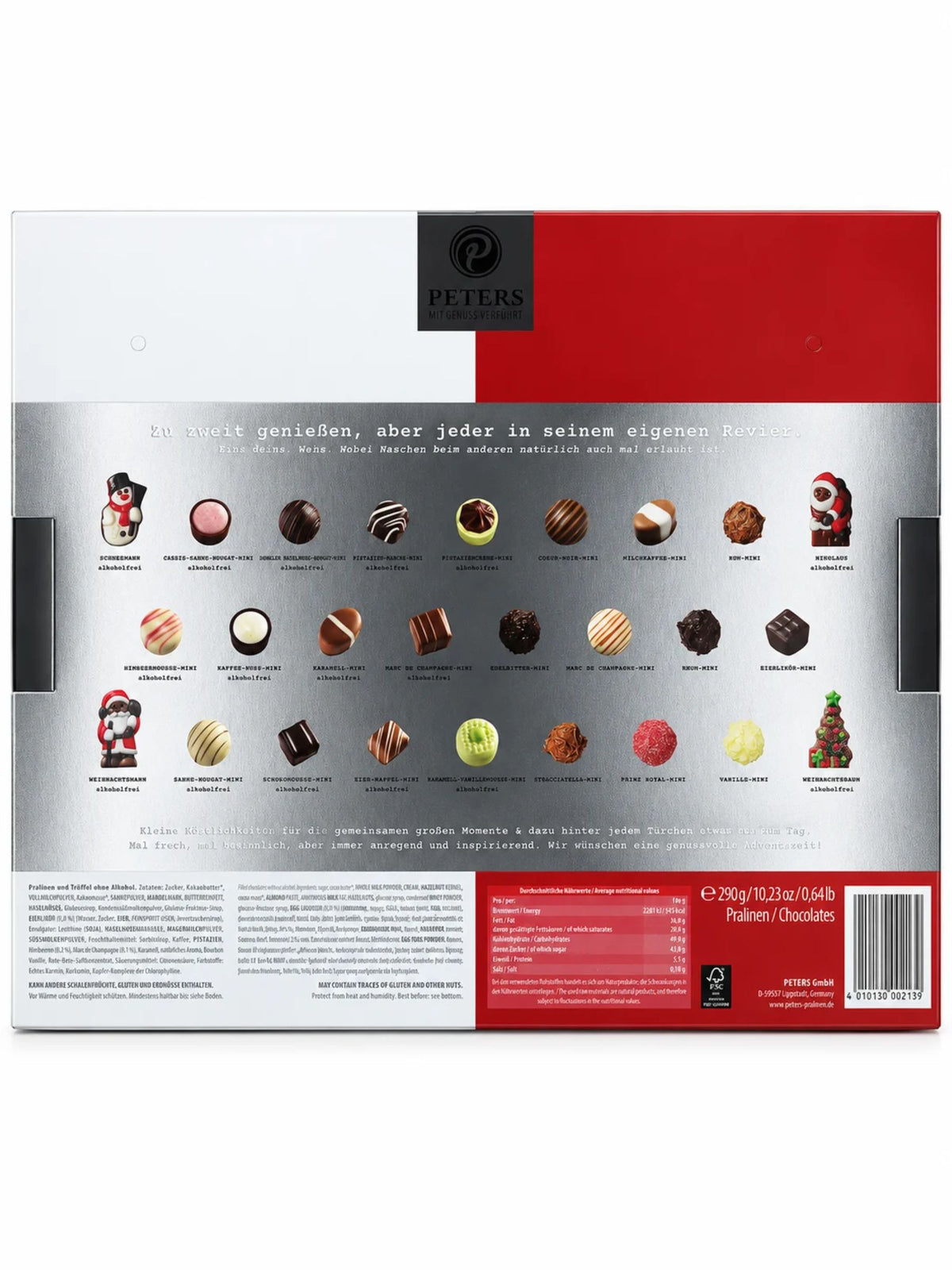 Geöffneter Meins & Deins Adventskalender von PETERS Pralinen mit aufklappbarer Vorderseite, Pralinentürchen und Schokoladenpralinen auf dem Tisch