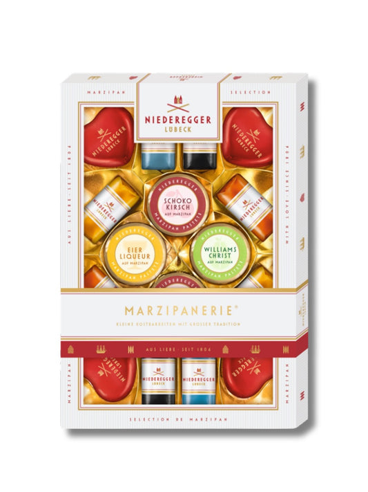 Niederegger Marzipanerie 206 g – edle Geschenkbox mit 16 Marzipanpralinen und Klassikern, erhältlich bei Dreyer Confiserie Hameln.