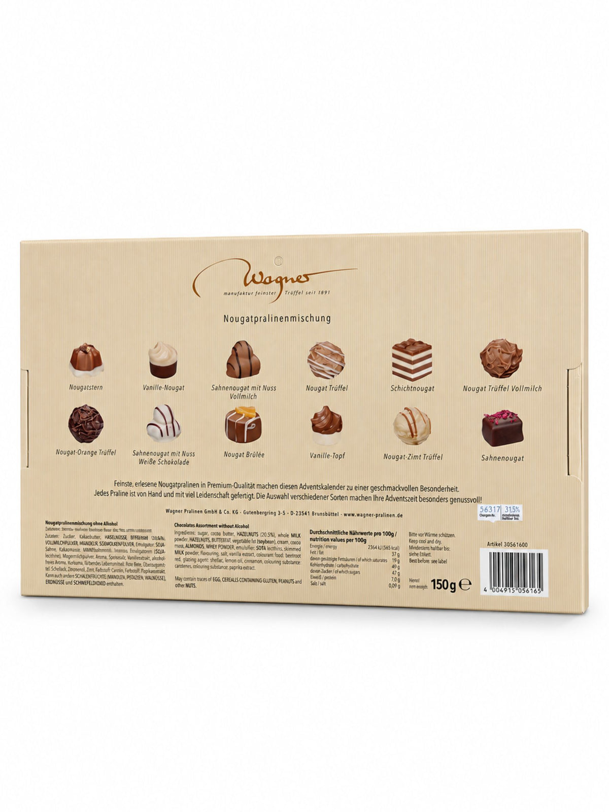 Rückseite des Nougat Adventskalenders Winterdorf alkoholfrei 150g von Wagner Pralinen mit zwölf Nougatsorten, Zutaten, Allergenen und Nährwertangaben