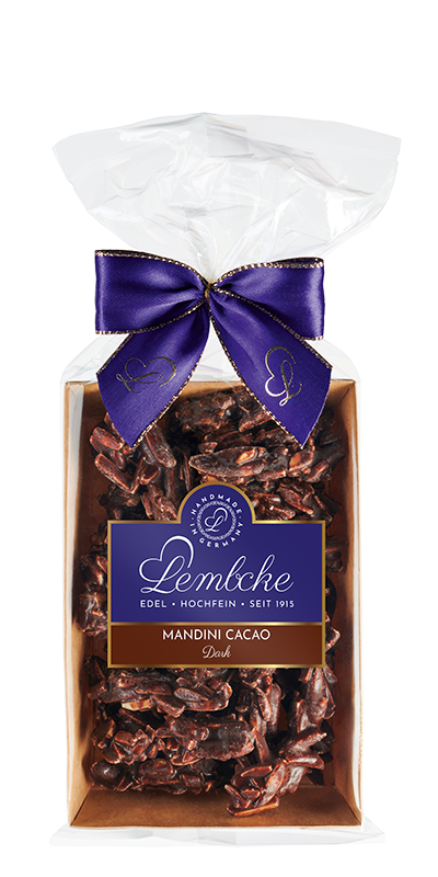 Mandini Cacao Dark – Mandel-Splitter in Zartbitterschokolade mit 60 % Kakao, erhältlich in der Dreyer Confiserie in der Rattenfängerstadt Hameln.