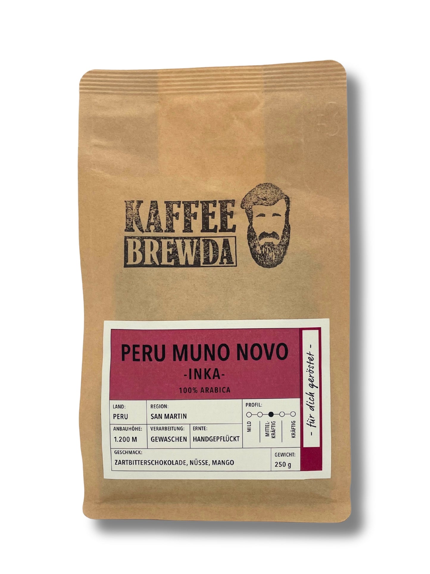 Kaffee Brewda Peru Muno Novo INKA gemahlen 250g – Arabica mit Noten von Mango, Nüssen & Schokolade.