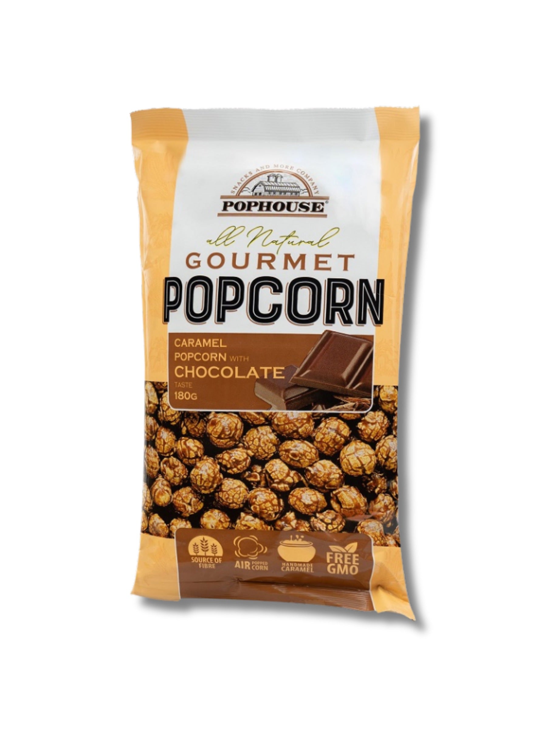 POPHOUSE Caramel Popcorn mit Schokolade, 180 g – erhältlich in der Dreyer Confiserie in der Rattenfängerstadt Hameln.