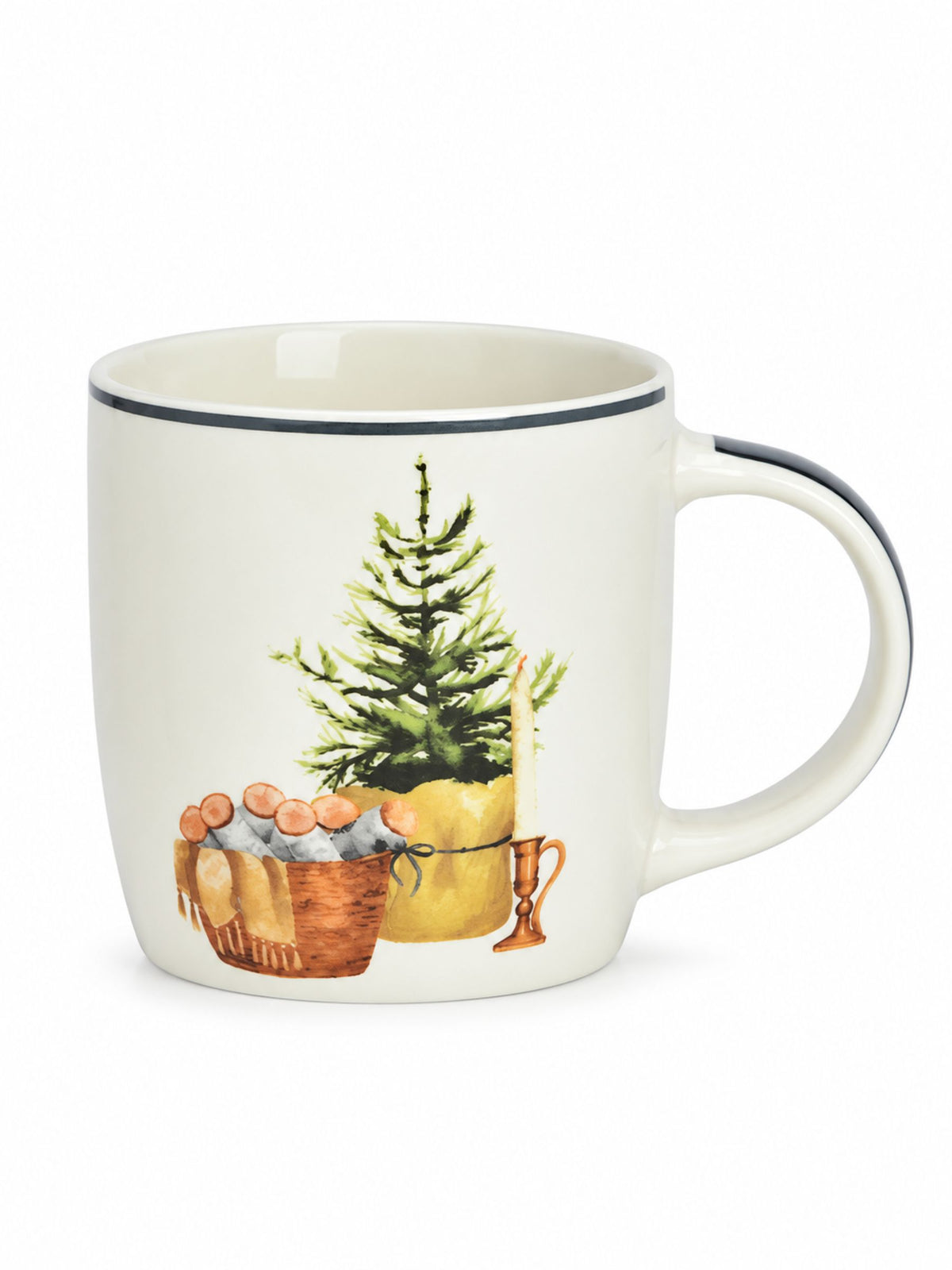Porzellanbecher Weihnachtskorb 400ml von G. Wurm mit Tannenbaum, Körben und Kerzenmotiv