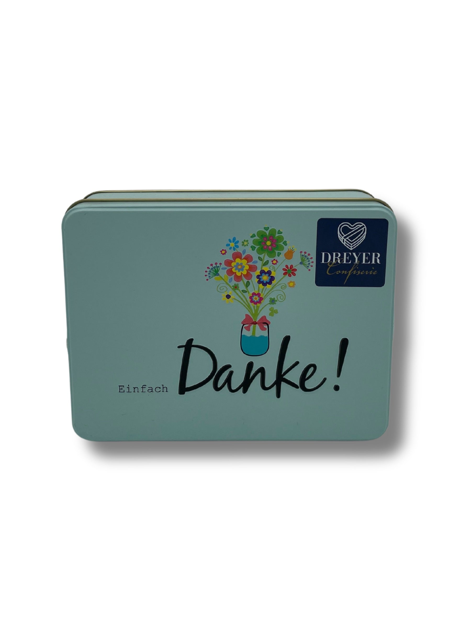 Präsentdose „Einfach Danke“ – stilvolle Pralinenmischung mit Alkohol von der Confiserie Rabbel als hochwertiges Geschenk.